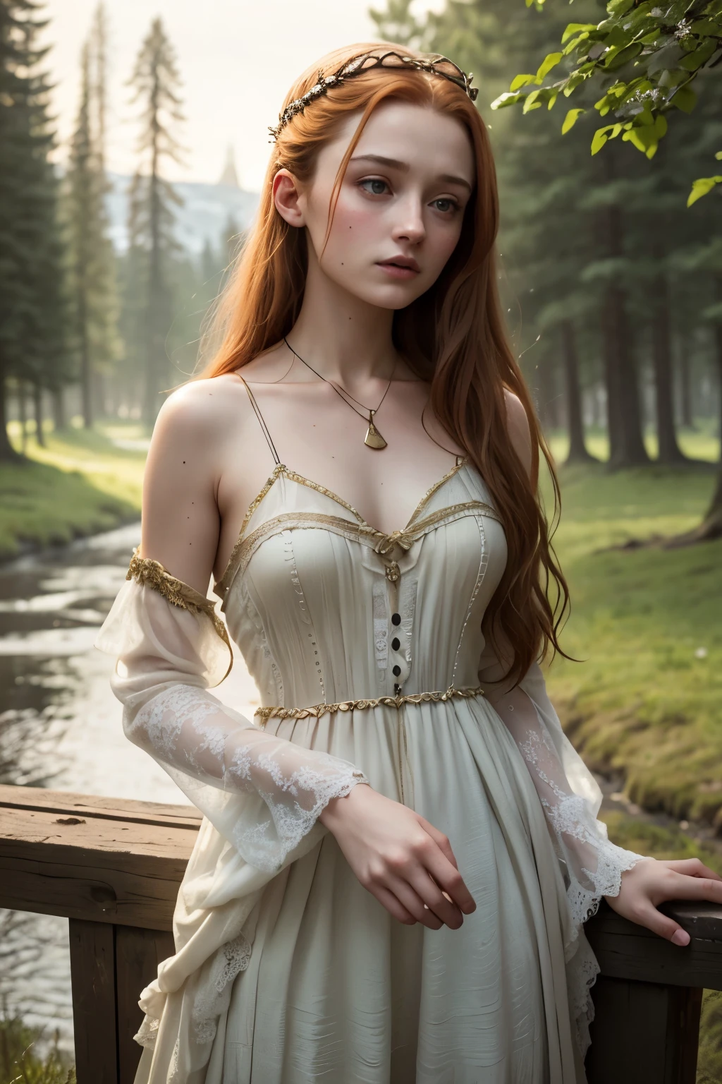 8k, best quality, masterpiece, highly detailed, absolute realistic, Sansa Stark in the world of Game of Thrones, 20 years old, sheer medieval style cut clothes, short sundress, deep neckline, frivolous clothes, bare shoulders, golden details, thin figure, opened clothes, cold expression, outdoors, forest background, with many trees and dark sky