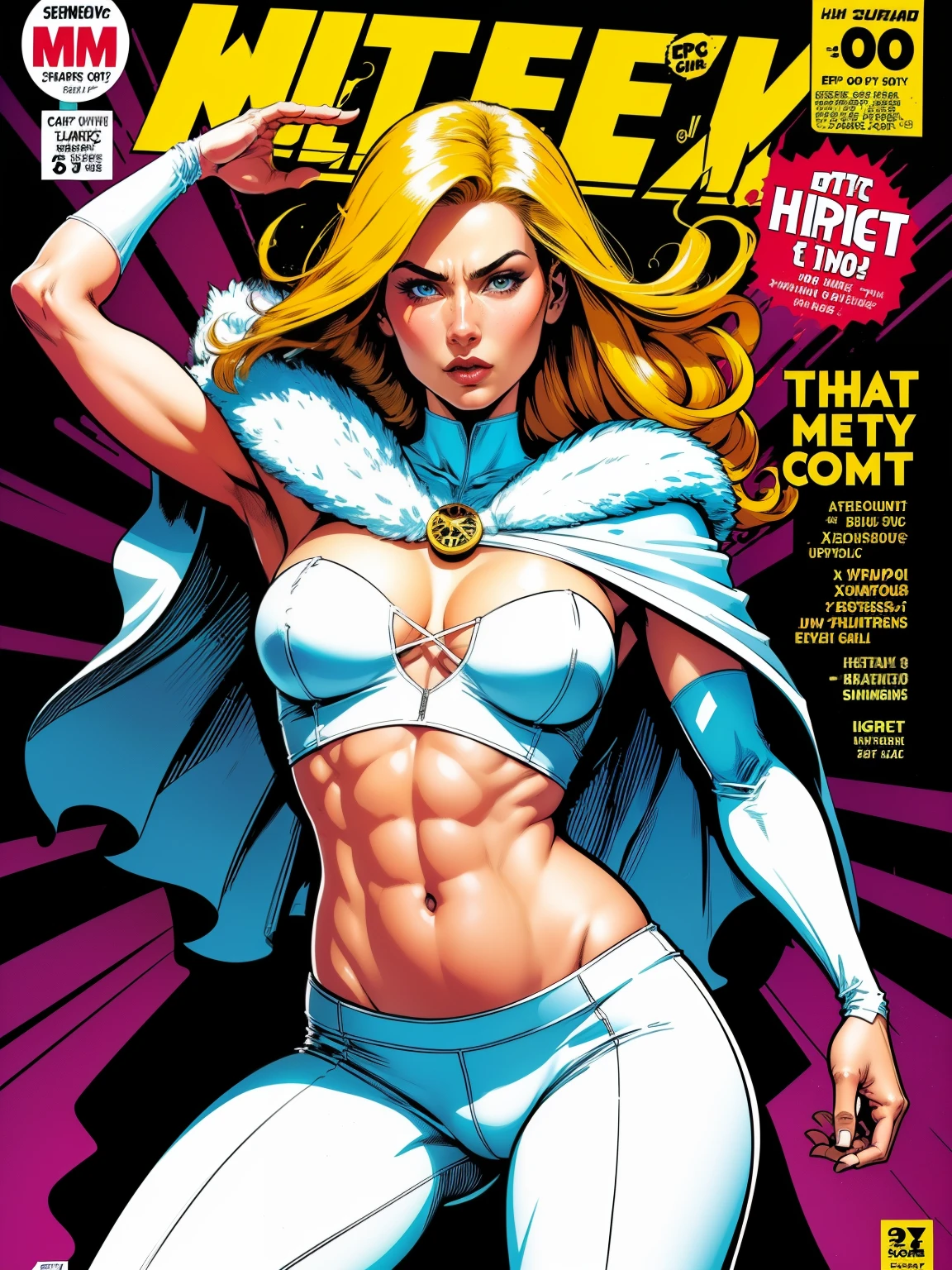 (((A comic style, cartoon art))). Emma Frost Posing for photo (((in epic heroic pose))) , wearing his iconic X-Men uniform, Showing the belly,  , ((Wearing white pants and cape)) . (((Hot Body, camel toes))). ((((Abstract Comic background )))) , vivid colors, detailed, detailed face, realistic shadows and bright, glowing.