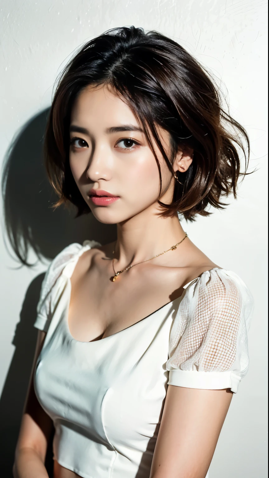 (highest quality、8K、32K、masterpiece、UHD:1.2)、Cute Half-Woman Photos、bob hair、cum on chest、surface focus、white blouse、necklace、simple background、From above、looking at the viewer、