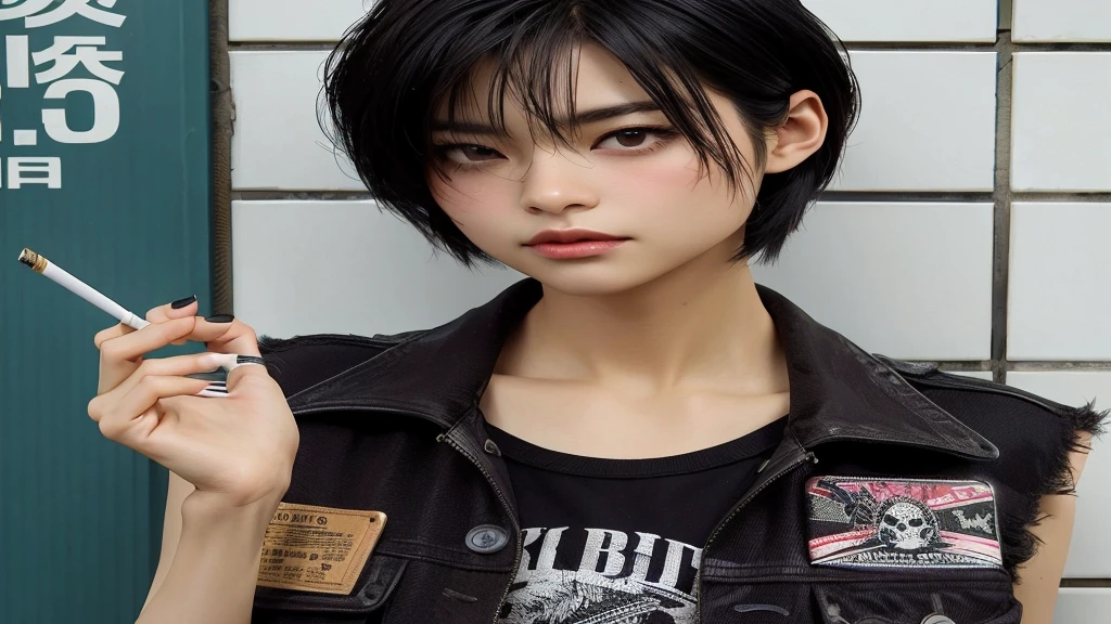 arafed asian woman with a cigarette and a black vest, Con pelo corto, chica cyberpunk de pelo negro azabache, obra de arte al estilo de guweiz, attractive androgynous humanoid, estilo anime realista 3d, Estilo anime mezclado con Fujifilm, cyberpunk 2 0 years. Oh chica modelo, anime hiperrealista, chica anime en la vida real, estilo de realismo anime, japonesa, Jihyo, idol, kpop Jihyo, park Jihyo twice, japon.