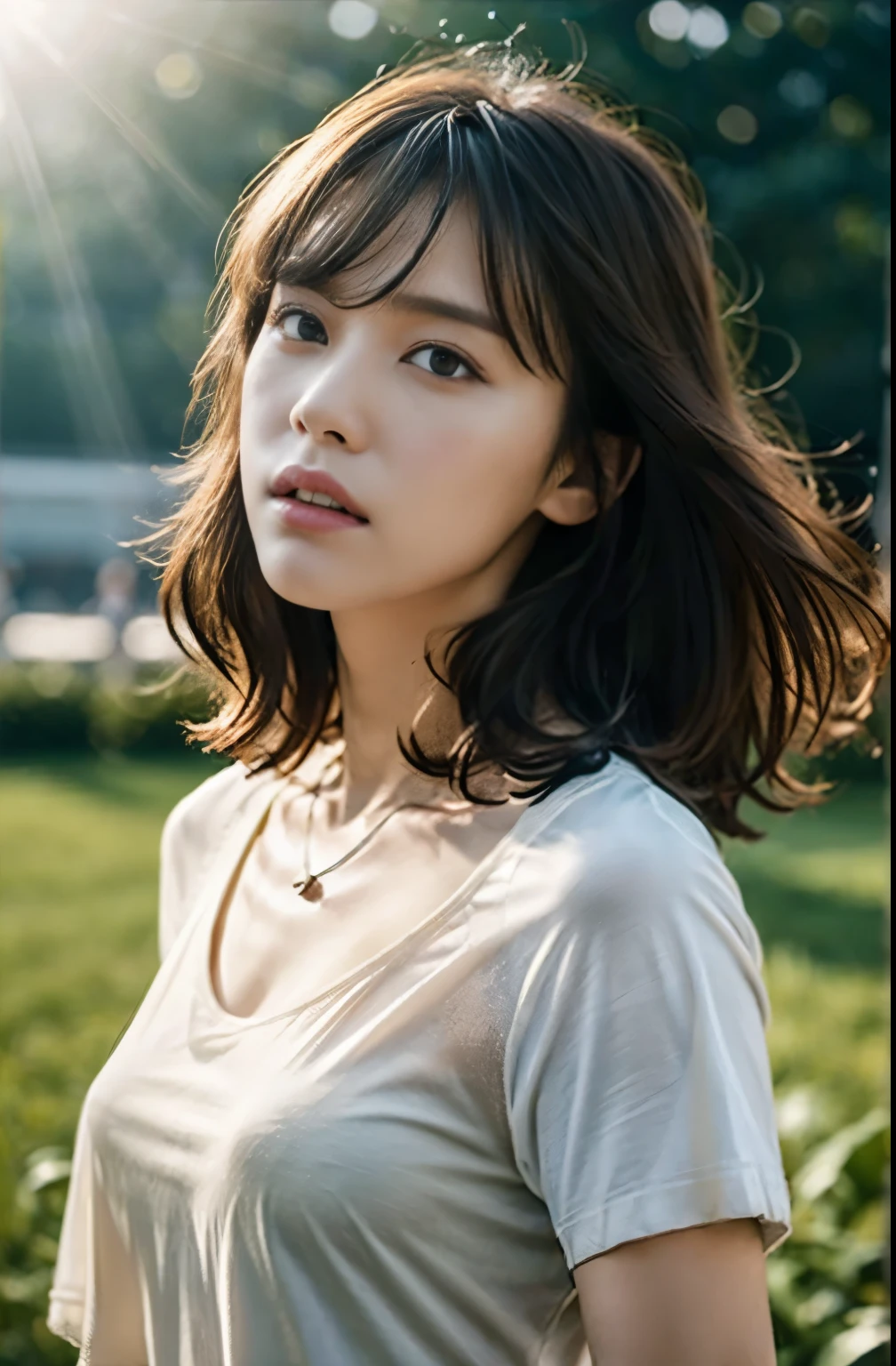 (photorealistic stick:1.5, table top:1.5, 8K, RAW shooting), (highest quality, masterpiece, Super high resolution), mysterious portrait, perfect dynamic composition, professional camera work, Highly detailed skin and facial textures:1.3, Cultivate the effect of light, super detailed, 1 girl, (  Sunlight pouring down from above:1.3, Strong sunlight spreads across the screen:1.3), ( T-shirt), (Shoot with blur:1.4, fog the lens:1.4), model body shape, Beautiful and clear face, (Eyes that feel beautiful eros:0.9, Enchanted expression:1.0, i love you completely:0.8, mouth slightly open, A taste that gives you a beautiful sense of eroticism:0.7), (dark brown medium hair, hair fluttering in the wind), My chest is medium, necklace), (lean, get up), ((attraction))