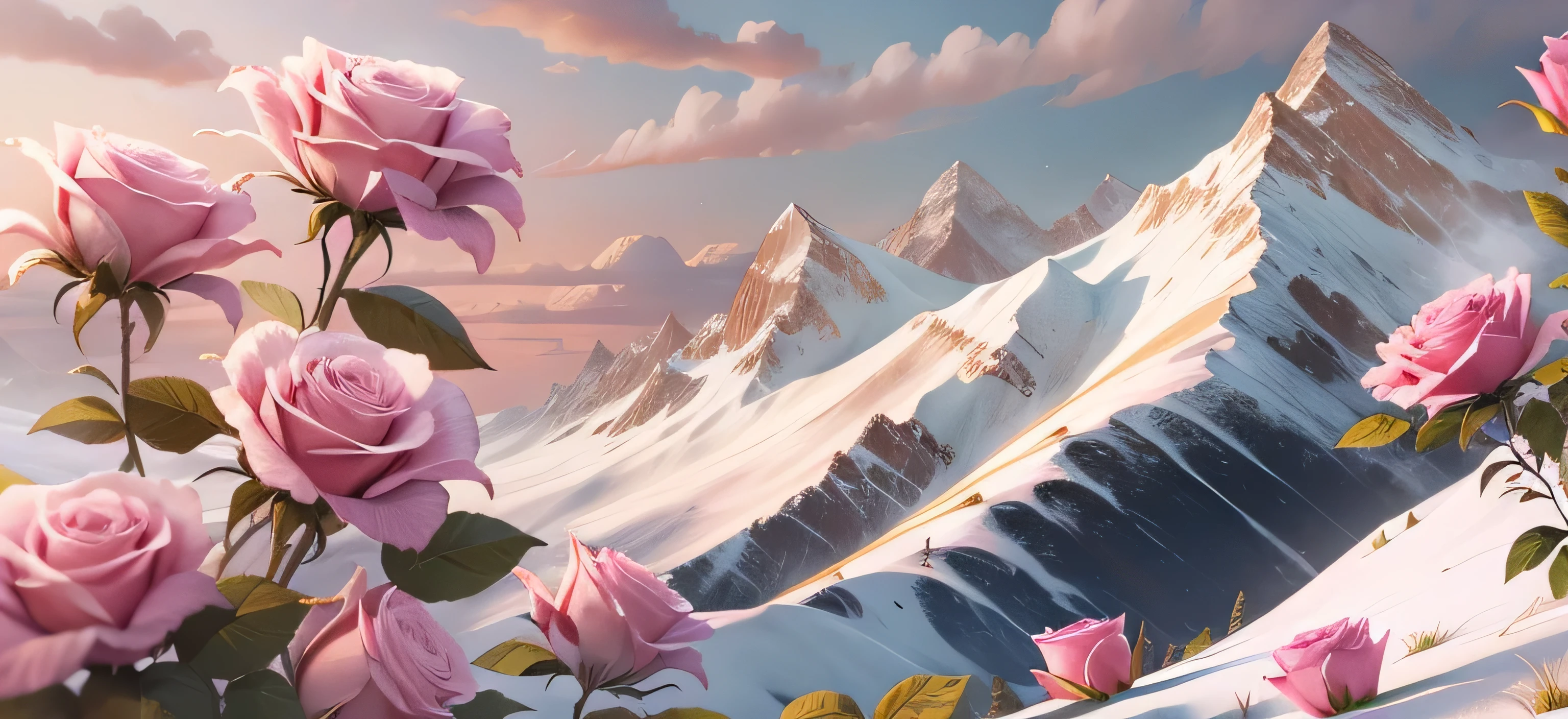 There are pink roses in the snow on the mountain, beautiful digital painting, beatiful background, Beautiful art UHD 4 K, floral environment, background artwork, roses in cinematic light, Rose background, 🌺 CGSesociety, Gorgeous digital painting, soft light 4 k in pink, illusory engine ; romantic motifs, rose background, warm beautiful scene, 8K high quality detailed art