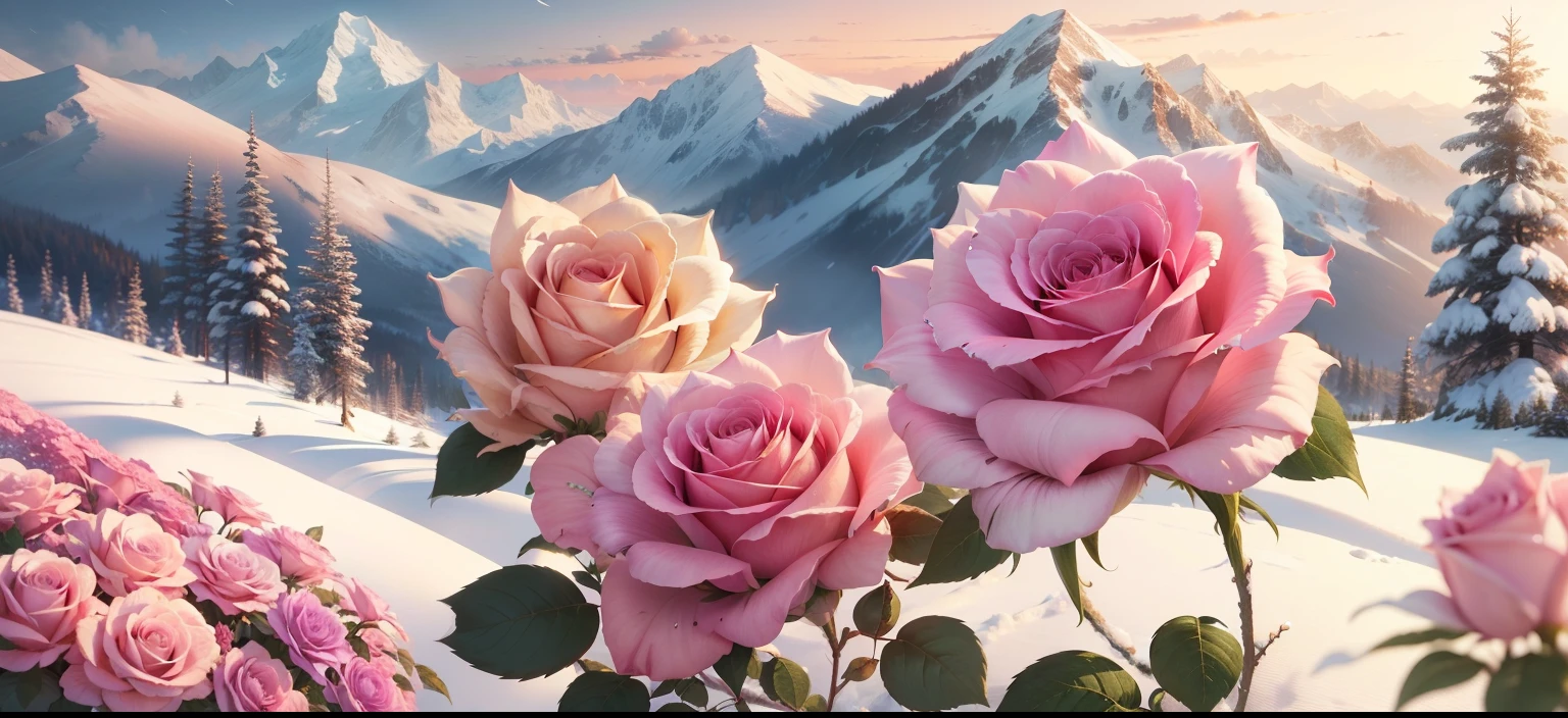 There are pink roses in the snow on the mountain, beautiful digital painting, beatiful background, Beautiful art UHD 4 K, floral environment, background artwork, roses in cinematic light, Rose background, 🌺 CGSesociety, Gorgeous digital painting, soft light 4 k in pink, illusory engine ; romantic motifs, rose background, warm beautiful scene, 8K high quality detailed art