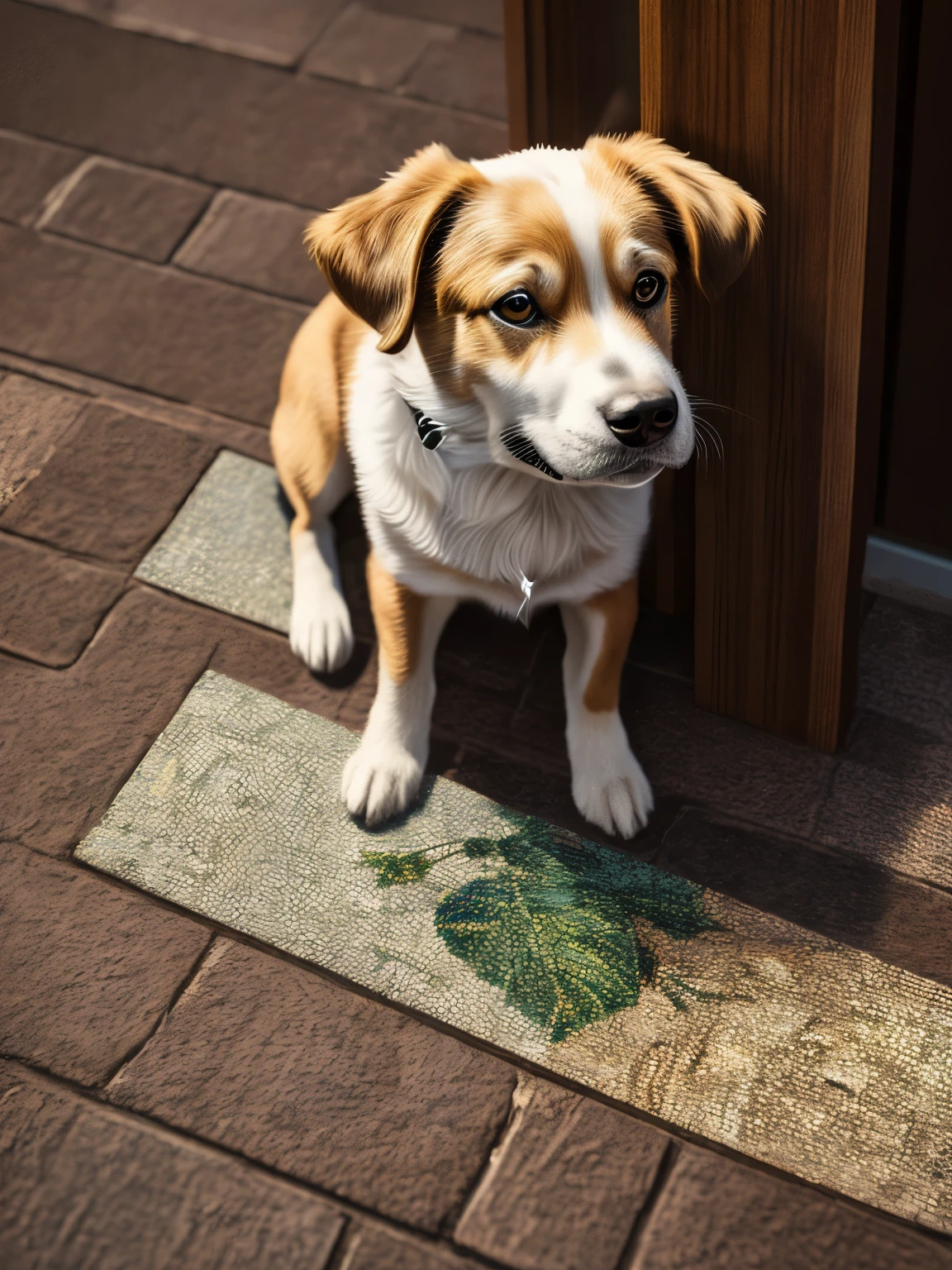 （best quality，8k，high resolution，masterpiece，Super detailed，1.4x more realism), (highres:1.2), (realistic:1.37),A simple ais-mosaic dog waiting by the door for its owner