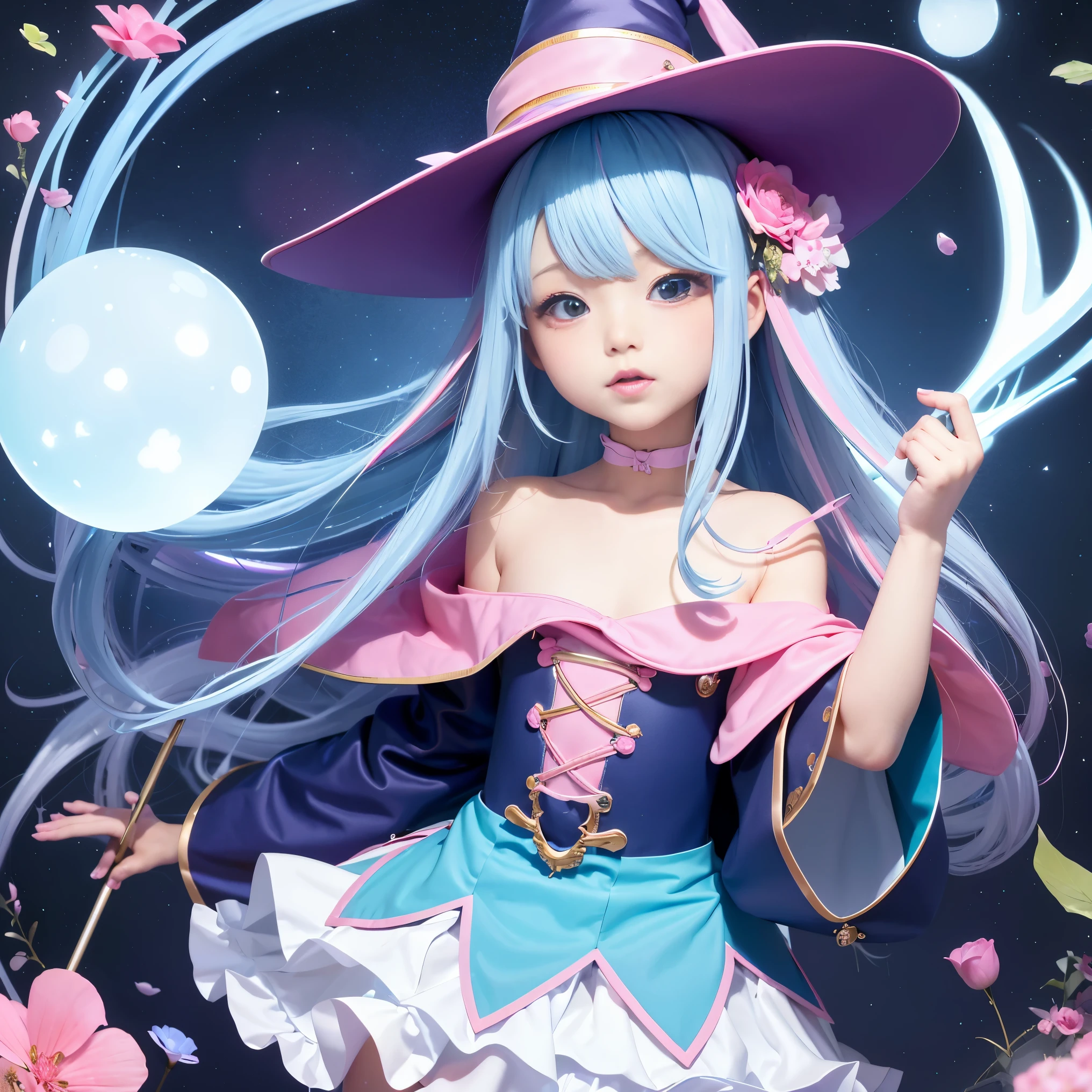 Upper body、one girl、I have blue hair color、two - tone、(pink highlight hair)、very big 、witchの帽子、Pointy hat、witch、、Chibi、Chibiキャラ、idol costume、off shoulder、I have a pink cane、A magic circle of flowers appears、Countless floating glowing spheres、luminous effect