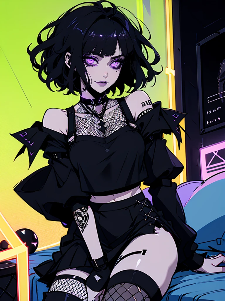 Jk. 1girl. Neon palette, short black hair, side swept bangs, asymmetrical hair, black ruffled crop-top dress, shoulders exposed, black tennis skirt, black fishnets on legs, black knee-high boots, black choker on neck. Tattoo's on arms. Dark bedroom background.