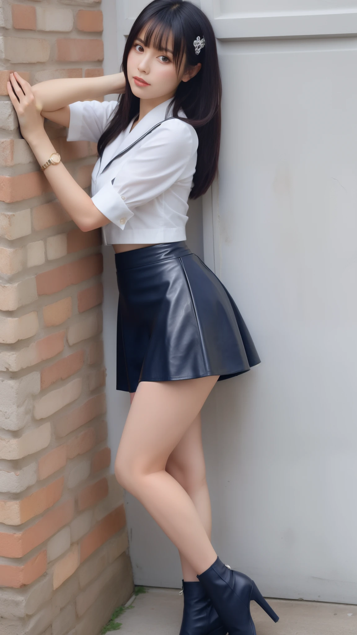 Close-up of a woman in a skirt leaning against a wall, stockings and skirt, tight clothing, lean against the wall, beautiful feet, beautiful feet, thighs!!!!! nice, Amazing view, thighs!!!! nice, juicy legs, tight navy-blue leather outfit, mini skirt, Beautiful short skirt, short mini skirt, leaning against the wall, mini skirt