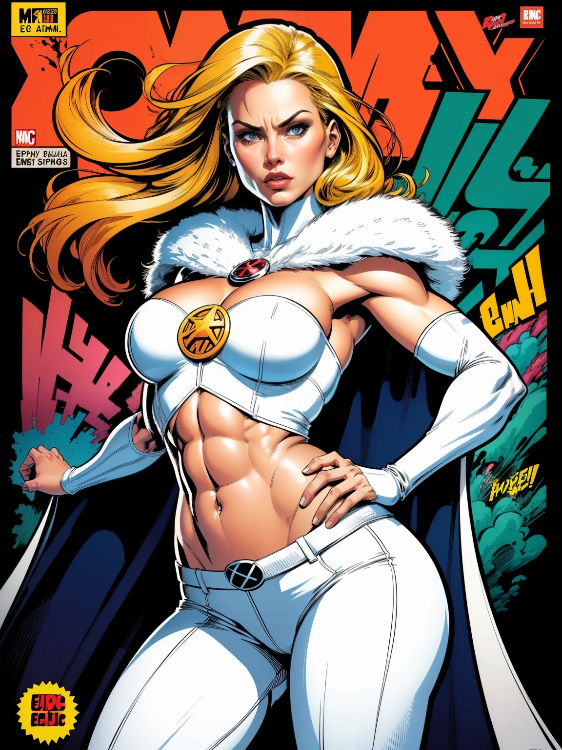 Cinematic. (((A comic style, cartoon art))). Emma Frost Posing for photo (((in epic heroic pose))) , wearing his iconic X-Men uniform, Showing the belly, , ((Wearing white pants and cape)) . (((Hot Body, camel toes))). ((((Abstract Comic background )))) , vivid colors, detailed, detailed face, realistic shadows and bright, glowing.