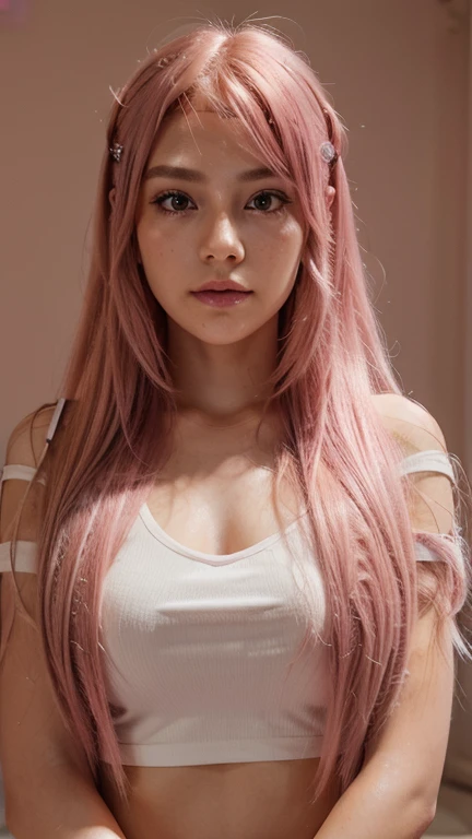 Upper body naked、Naked boobs in full view、No bra、Exposing pink nipples,濡れたシャツが首元まで捲し上げてNaked boobs in full view、Her boobs are visible under her shirt、Underboobs fully visible、Nipples and breasts exposed from under the shirt、Pink haired 28 year old,Zelda, Earrings , 、face real,(She takes off her white T-shirt to reveal her bare breasts)、Please open your mouth as wide as possible、Sit on the bed、Look straight up and see us、 Emphasize cleavage,(Hyper-expansion of the chest)、Very good、Sexy, dripping on my chest, sweating, Licking your lips, Erect nipples, Wet T-shirt
