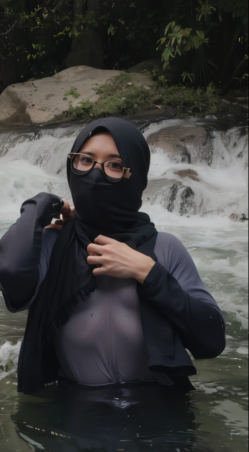 naughty, (I:0.8),rift, raw, best quality, high resolution, Masterpiece: 1.3, Beautiful glass pearls_Sexy Malaysian hijab skin wearing tight bikini, Jogging in the lake park. Listen to music. Evening view. Seal,  Masterpiece, soft smile