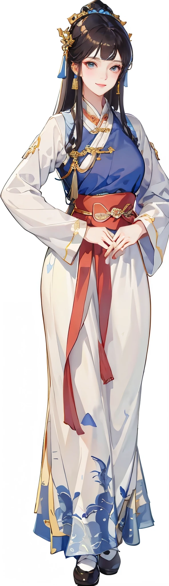 A girl dressed in ancient Chinese dress, Tang Dynasty, Song Dynasty, ancient style, Hanfu, handmaid style, white blouse, blue long skirt, smiling expression, full body, standing,