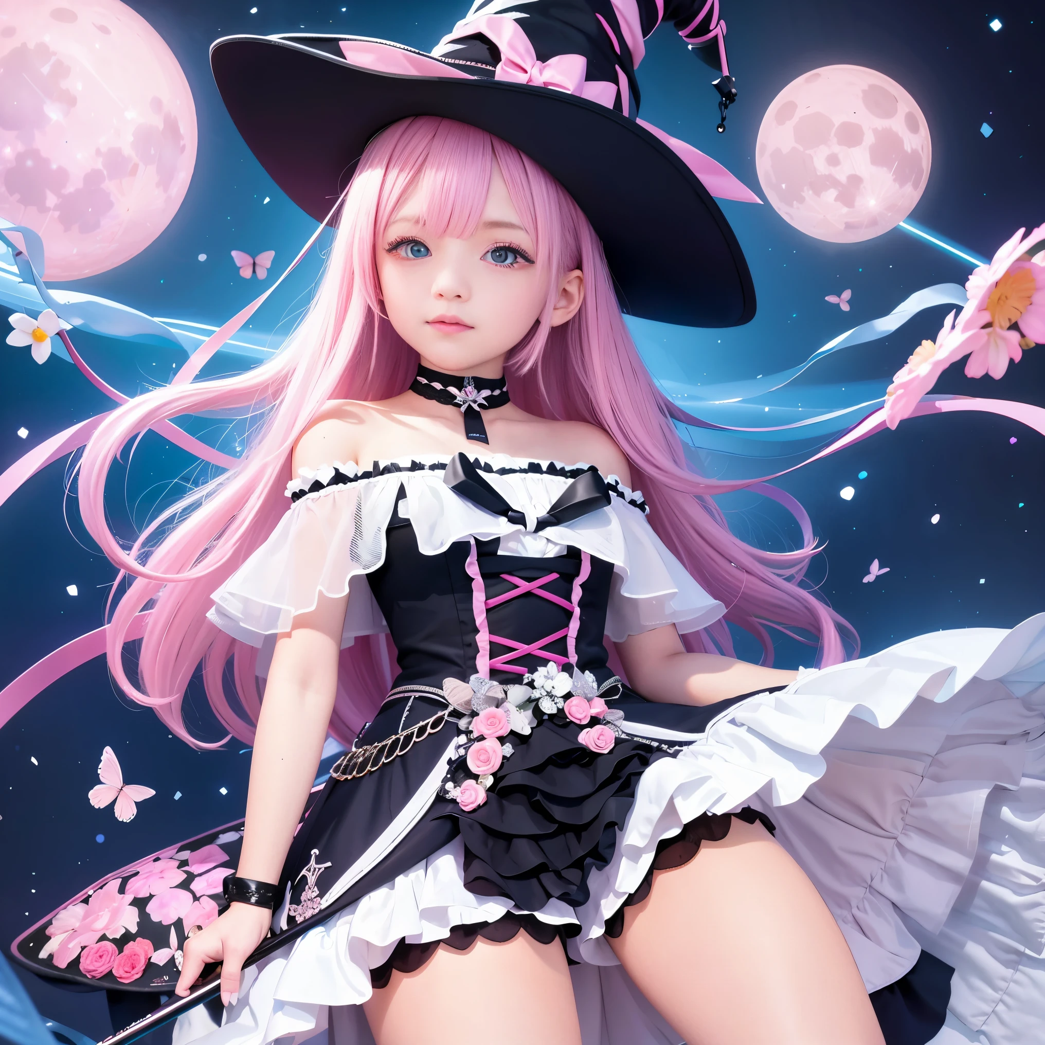 Upper body、one girl、i have blue hair color、two - tone、(pink highlight hair)、very big breasts、super huge 、witch、witchの帽子、、Chibi、Chibiキャラ、idol costume、off shoulder、I have a pink cane、A girl floating above a magic circle of flowers、there is a small moon、luminous effect