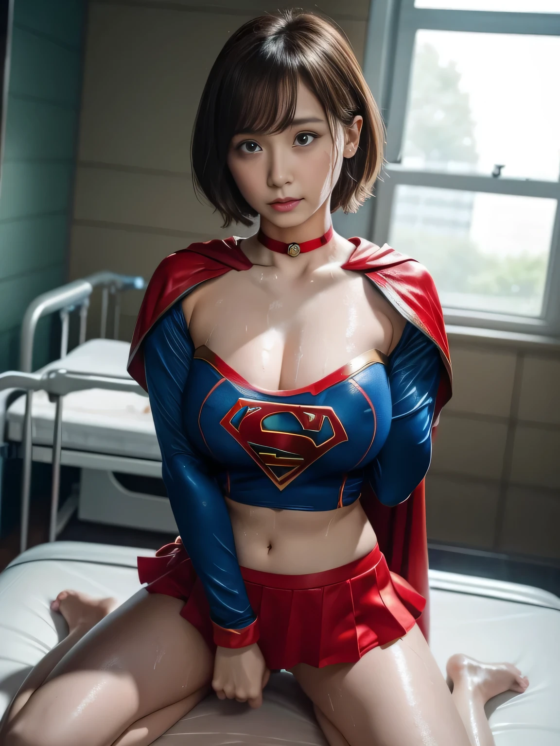 masterpiece、Supergirl costumes、short hair、Intensive care unit、operating table、barefoot、straddle、M-shaped legs、wide open legs、big and full breasts、red mini skirt、look at the camera、Sweat、Cowgirl、Sweatでいっぱい、発Sweat、Sweat scattering、Sweat wet、choker、long sleeve、Fluttering cloak、During surgery