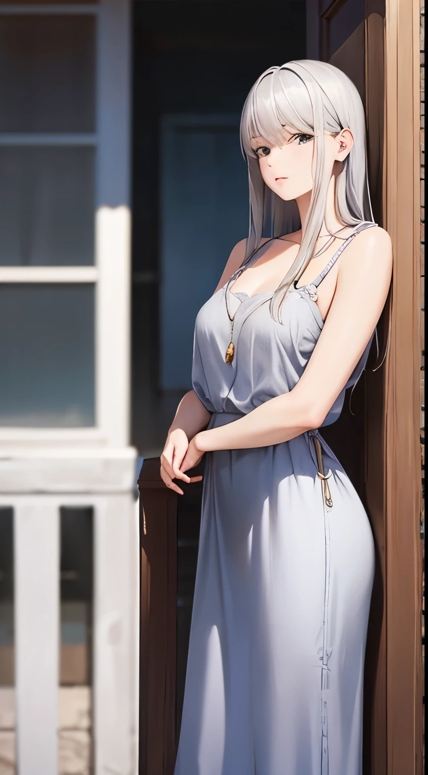 Silver haired woman in dress, 1woman, solo, sundress, photorealistic, realism, realistic, human