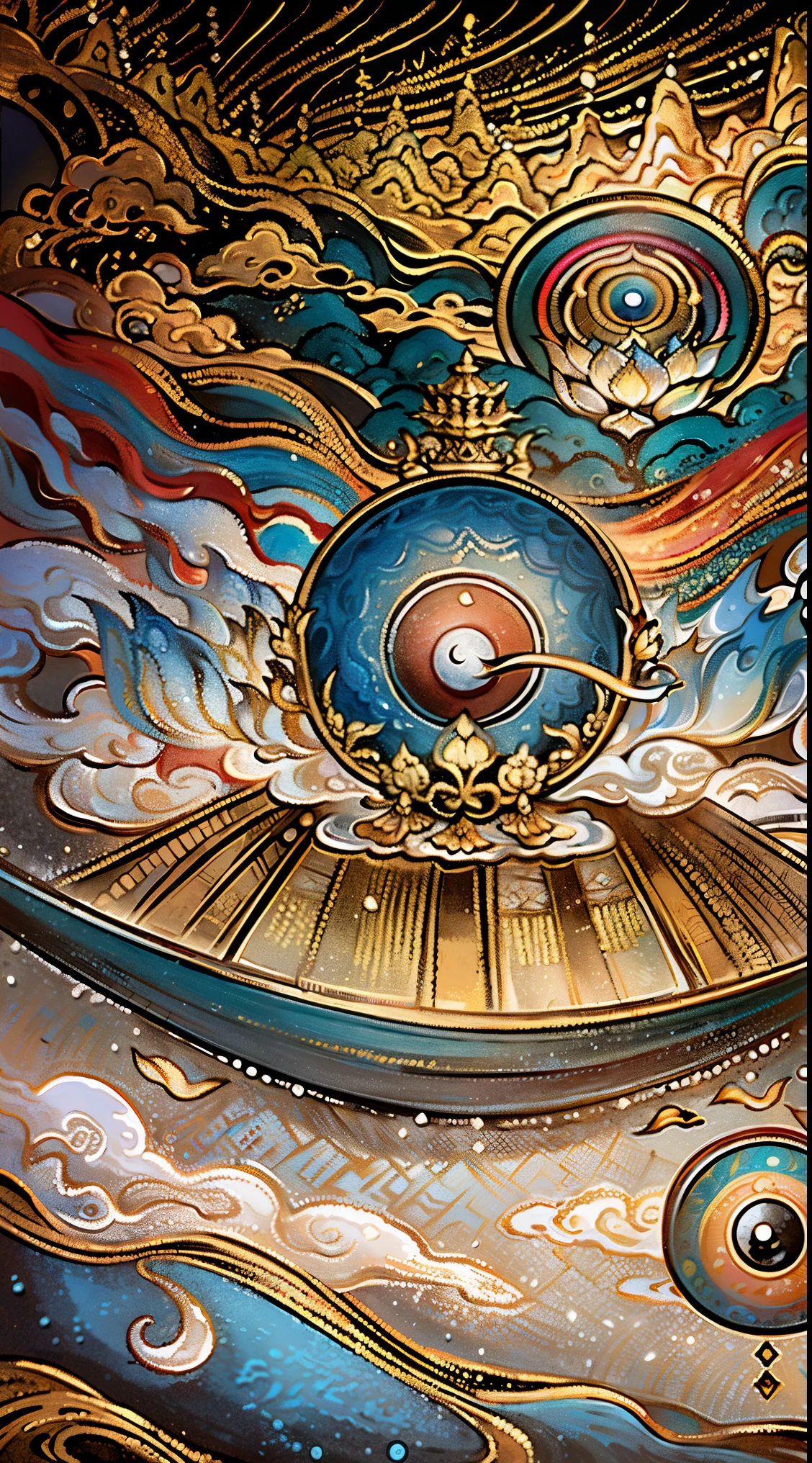 A Chinese painting, background of China, Mountain, river, Xiangyun, exhibition hall, Sunlight,(Psychedelic details),(mushroom),(rainbow),(Psychedelic),(dimethylformamide),(Buddha ),(pretty face),(irritation),(Tempting),(Tempting breast),(yin and yang),(Tempting body),intricate details, more details, high detail,masterpiece, Super details, epic work, ultra high definition, high quality, Very detailed, official art, unified 8k wallpaper, Super details, 32k -- v 6