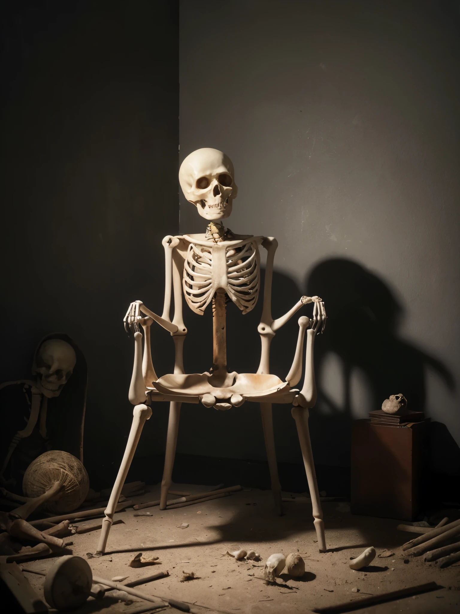 A skeleton sitting in a dusty chair, waiting patiently. The scene is captured in detailed photography, highlighting every bone and intricate detail. The room is dimly lit, with a spider web in the corner adding to the eerie atmosphere. The image quality is of the highest standard, with ultra-detailed rendering, vivid colors, and a sharp focus on the skeletal figure. The overall color tone is dark and haunting, emphasizing the mysterious ambiance of the scene.