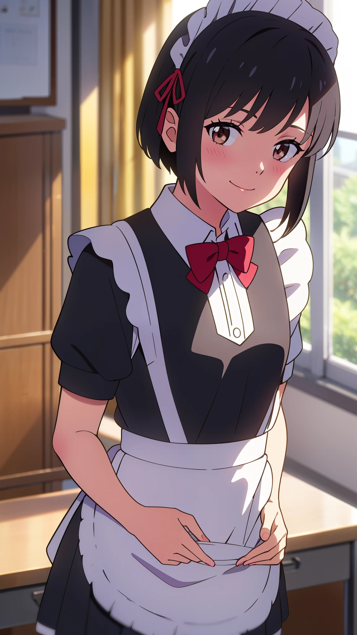 shinkai makoto, kimi no na wa., 1girl, bangs, black hair, blush, brown eyes, shiny skin, red ribbon, red bow, (maid uniform), headdress, dress, shirt, pinafore, skirt, mini skirt, hair decoration, looking at the viewer, short hair, cute, smile, solo, short sleeves, black pantyhose, indoors, school, classroom, upper body
