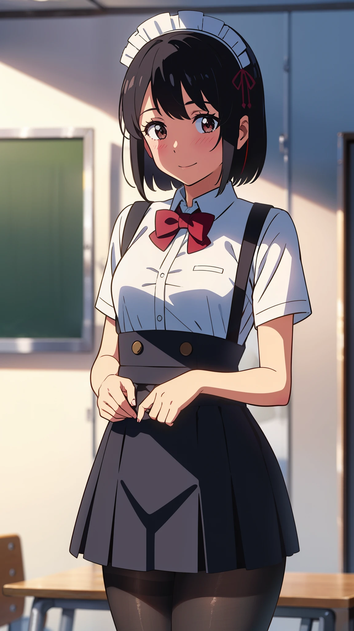 shinkai makoto, kimi no na wa., 1girl, bangs, black hair, blush, brown eyes, shiny skin, red ribbon, red bow, (maid uniform), headdress, dress, shirt, pinafore, skirt, mini skirt, hair decoration, looking at the viewer, short hair, cute, smile, solo, short sleeves, black pantyhose, indoors, school, classroom, upper body