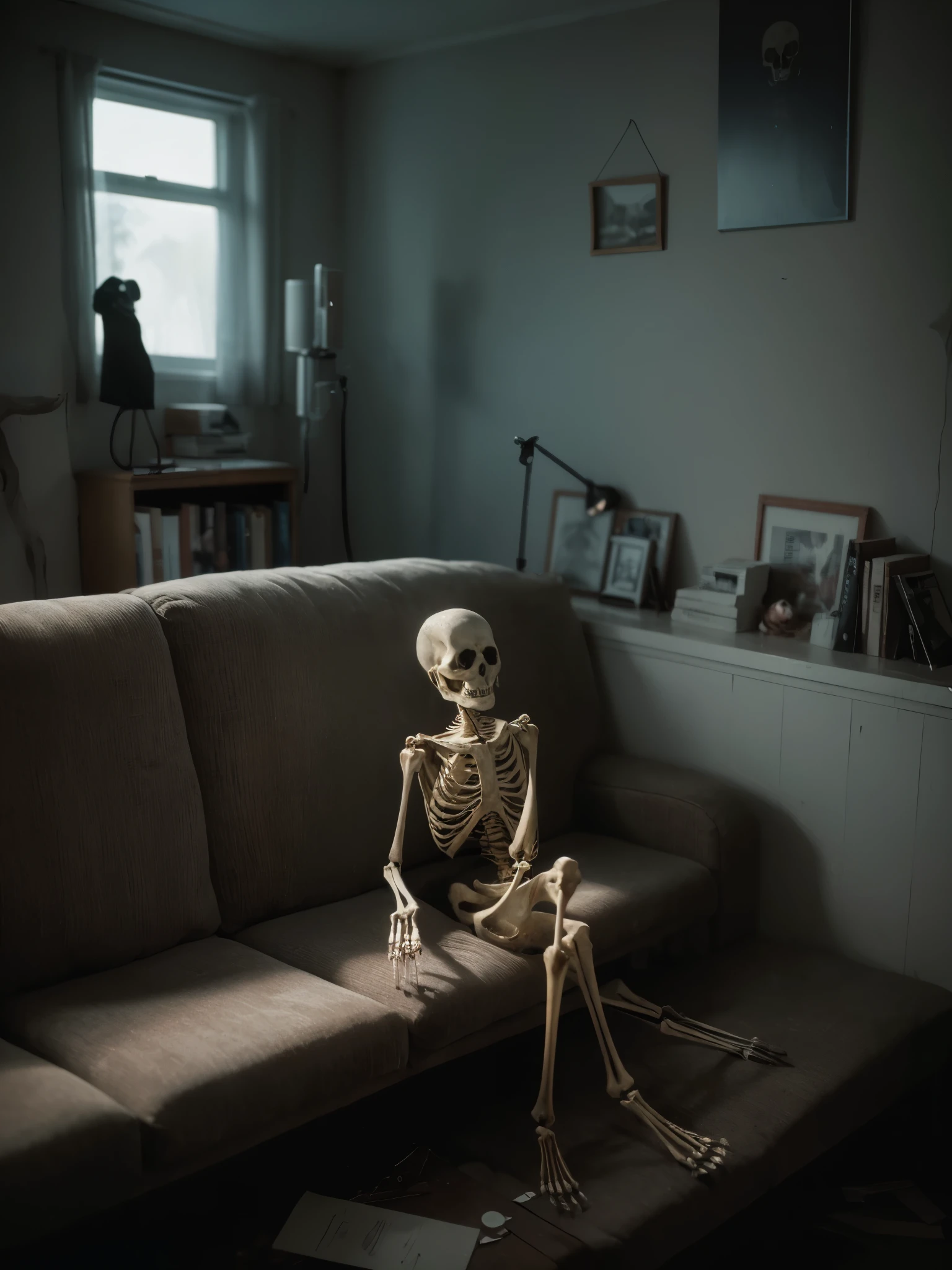 A skeleton sitting in a dusty chair, waiting patiently. The scene is captured in detailed photography, highlighting every bone and intricate detail. The room is dimly lit, with a spider web in the corner adding to the eerie atmosphere. The image quality is of the highest standard, with ultra-detailed rendering, vivid colors, and a sharp focus on the skeletal figure. The overall color tone is dark and haunting, emphasizing the mysterious ambiance of the scene.