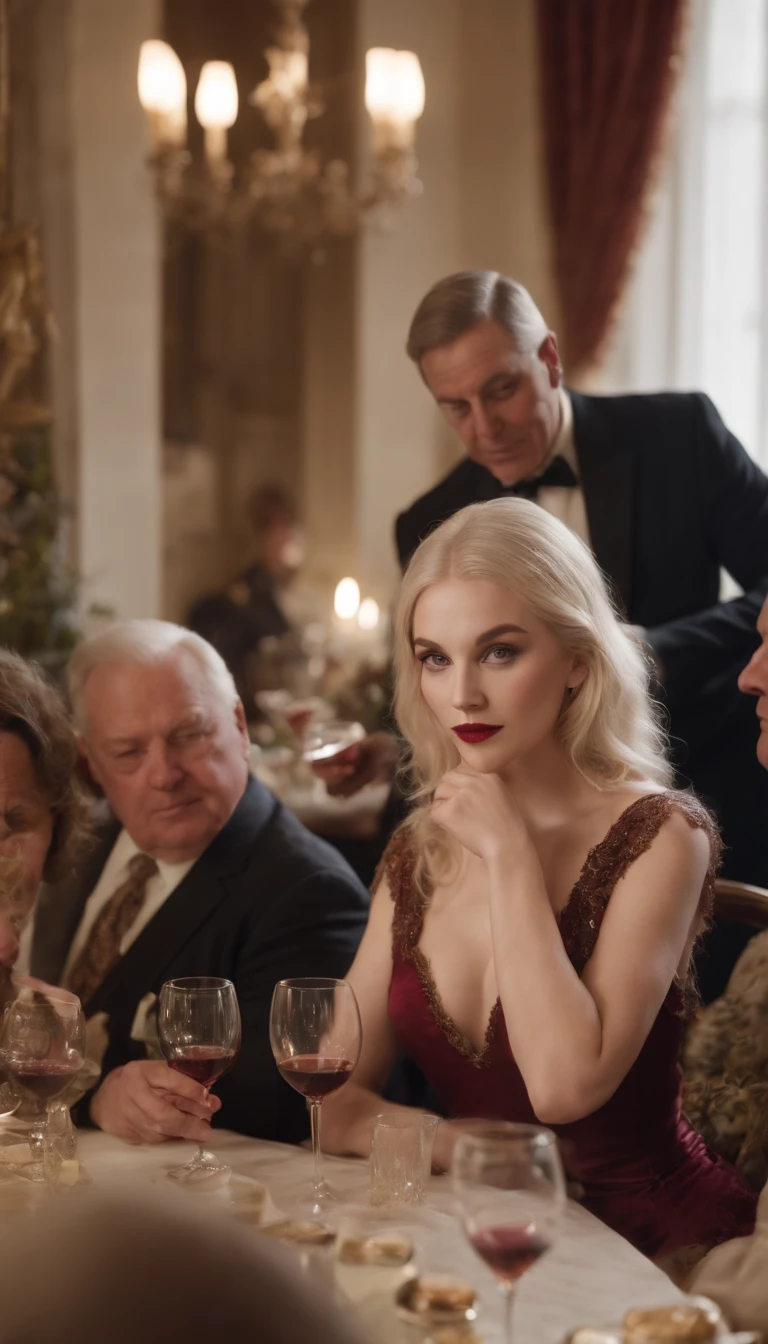A blonde hairy girl with High hells and venetian mask drinking wine at a table with a group of older fat Rich men, date, passion