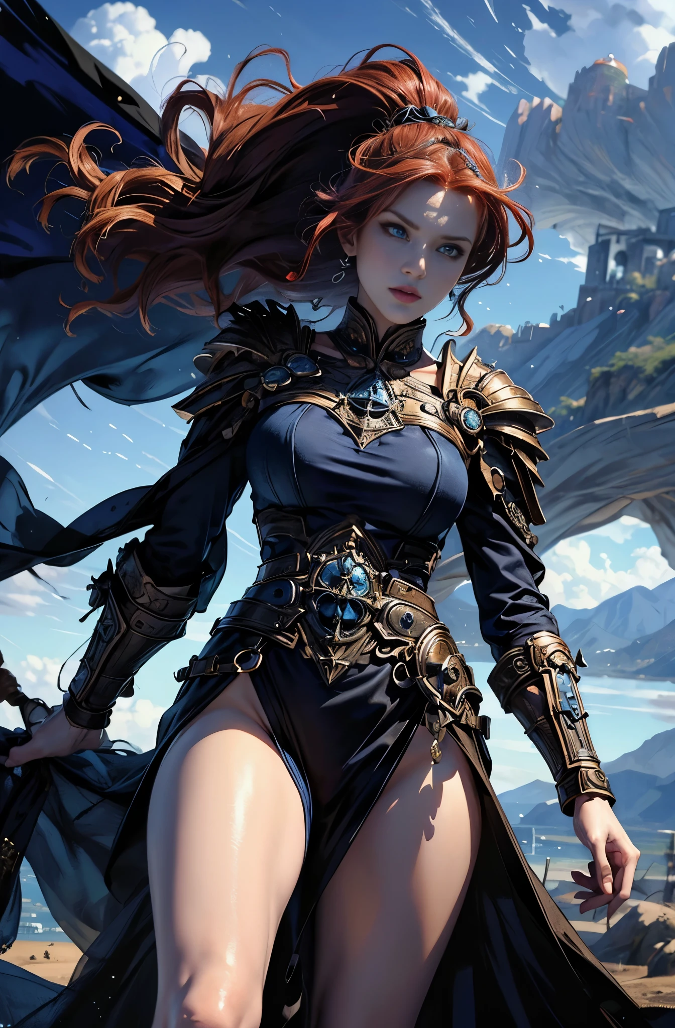 Battlefield commander with a great sword, A woman in her late 20s who boasts unparalleled beauty., red hair, Invincible female general, Brave, Awe-inspiring Hall々, The wind is thunderous, Be brave and bold, beautiful goddess of war, extremely detailed and beautiful eyes, blue eyes without pupils, Ride of Valkyrie, unparalleled beauty, perfect supermodel body, delicate, whole body slender, Tall and lean, Slender, quite beautiful face, Cloak wrapped in the wind, Battle Master, wallop style, Style Ivan Talavera and Artgerm, wallop and art germ, art germ style, inspired by Vincent Lefevre, Gwaites style artwork, artgerm and wlop, figurative art, Beautiful and expressive paintings, Beautiful artwork illustration, wonderful, cool beauty, highest quality, official art, perfect composition, perfect angle, best shot, female solo, sharp outline, nostalgia, romantic, blue eyes without pupils, color eye, mysterious, fantasy, Sense of presence, battlefield, combat readiness