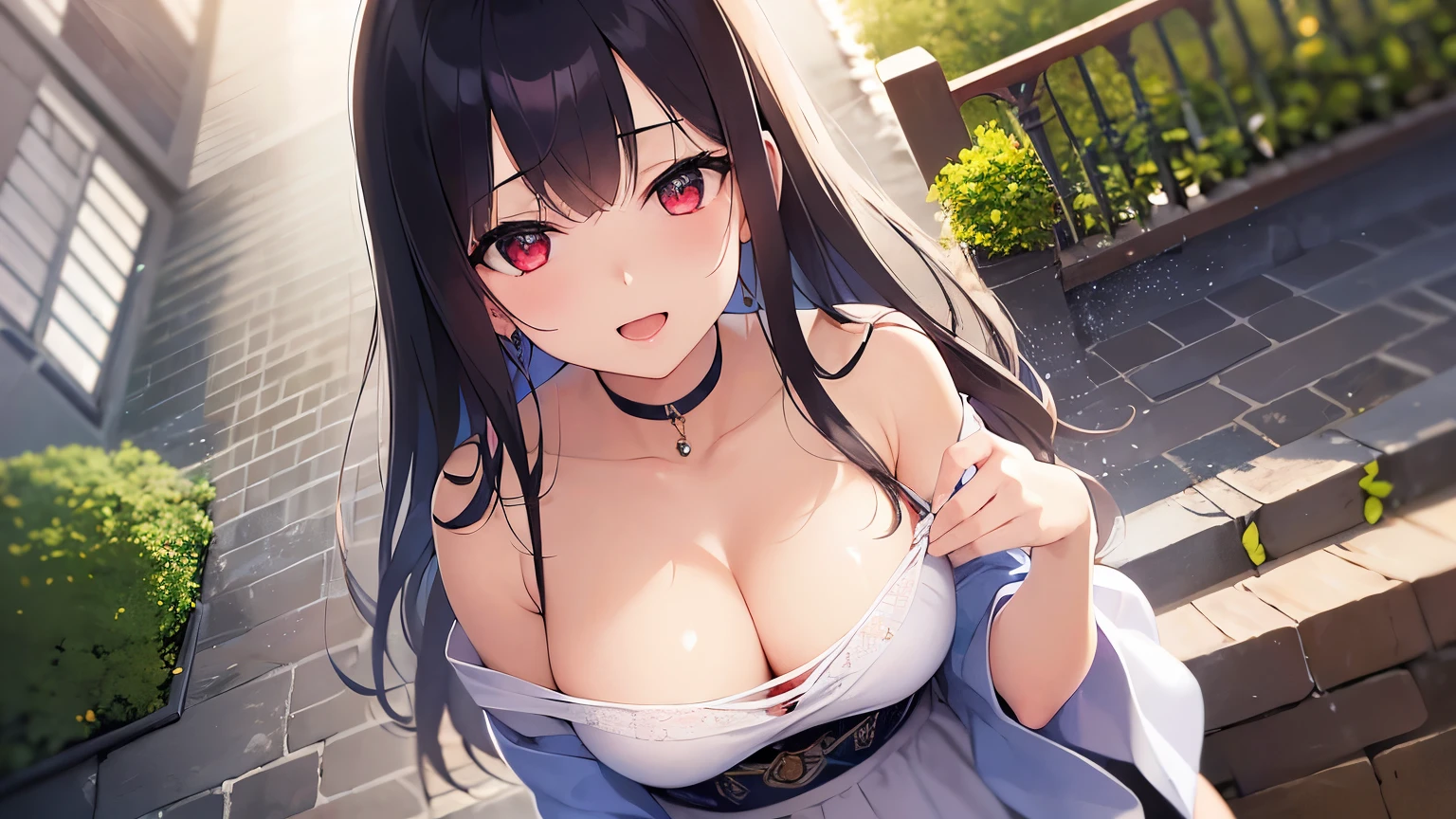 Diagonal angle, put one hand chest , shooting from above、Realistic, real person, RAW photo, photorealistic, portrait photography, shiny skin, japanese idol、A 25-year-old woman with medium-long hair with bright chestnut bangs.、red eyes, wearing a white off-shoulder blouse、wearing a gray skirt、cleavage is visible、smile, open mouth, blush, The background is the entrance、Alone、Staring, (entrance:1.3)