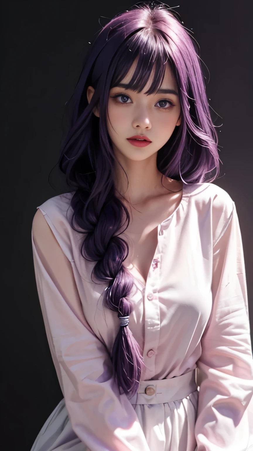 1 6 year old girl，Purple hair big breasts、purple hair、long hair、thick braid、purple eyes，Cute pink lips，Wear a bright white shirt，in a pastel color palette aurorapunk style，Anime illustration of her face，Animated GIFs，hand-drawn animation，Fascinating sketches，Smooth and shiny，Hazy，Super Flat Style，White background - AR 1:1--Niji 5--Stylistic expression--S 50，solid color background