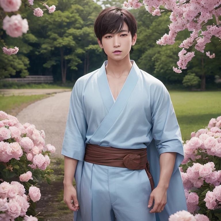 ハンサムなboy、(Photoreal:1.4),ultra high resolution, Super detailed, masterpiece, highest quality,oriental、boy、alone、game poster、kimono、pants、fields、farmer、(Upper body:1.3)