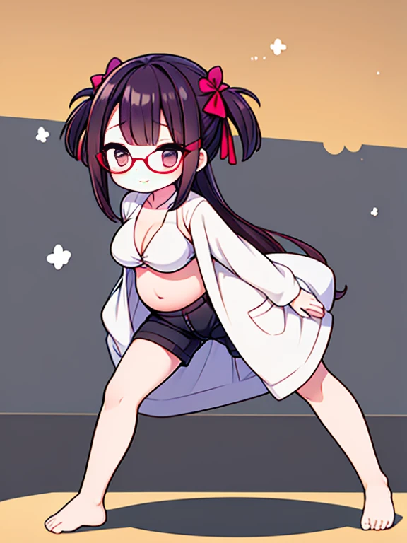 (Very high quality, detailed) An image of a full body pregnant girl with a round belly, long hair, very big breasts, bubble butt and pretty thick body. She's standing barefoot with her hands on her belly. She's wearing a crop top, very thight shorts, glasses.