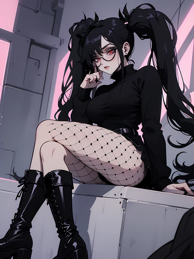 Jk. 1girl. Neon palette, black glasses, long black twintail hair, black oversized sweater, black fishnets on legs, black knee-high boots. big breasts, medium thighs.