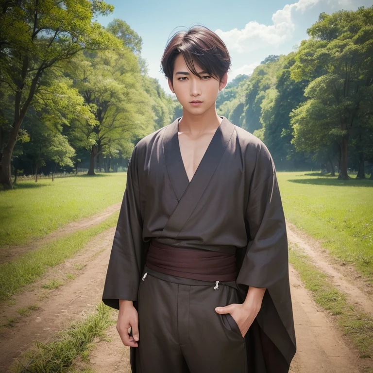 ハンサムなboy、(Photoreal:1.4),ultra high resolution, Super detailed, masterpiece, highest quality,oriental、boy、alone、game poster、kimono、pants、fields、farmer、(Upper body:1.3)