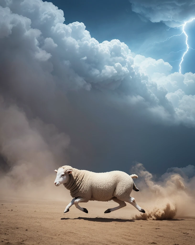 (best quality,4k,highres),high resolution, one sheep, Lightning speedでこちらに向かってくる羊、 Sheep running while emitting sand smoke、Lightning speed,Sense of speed with blurred background、wilderness