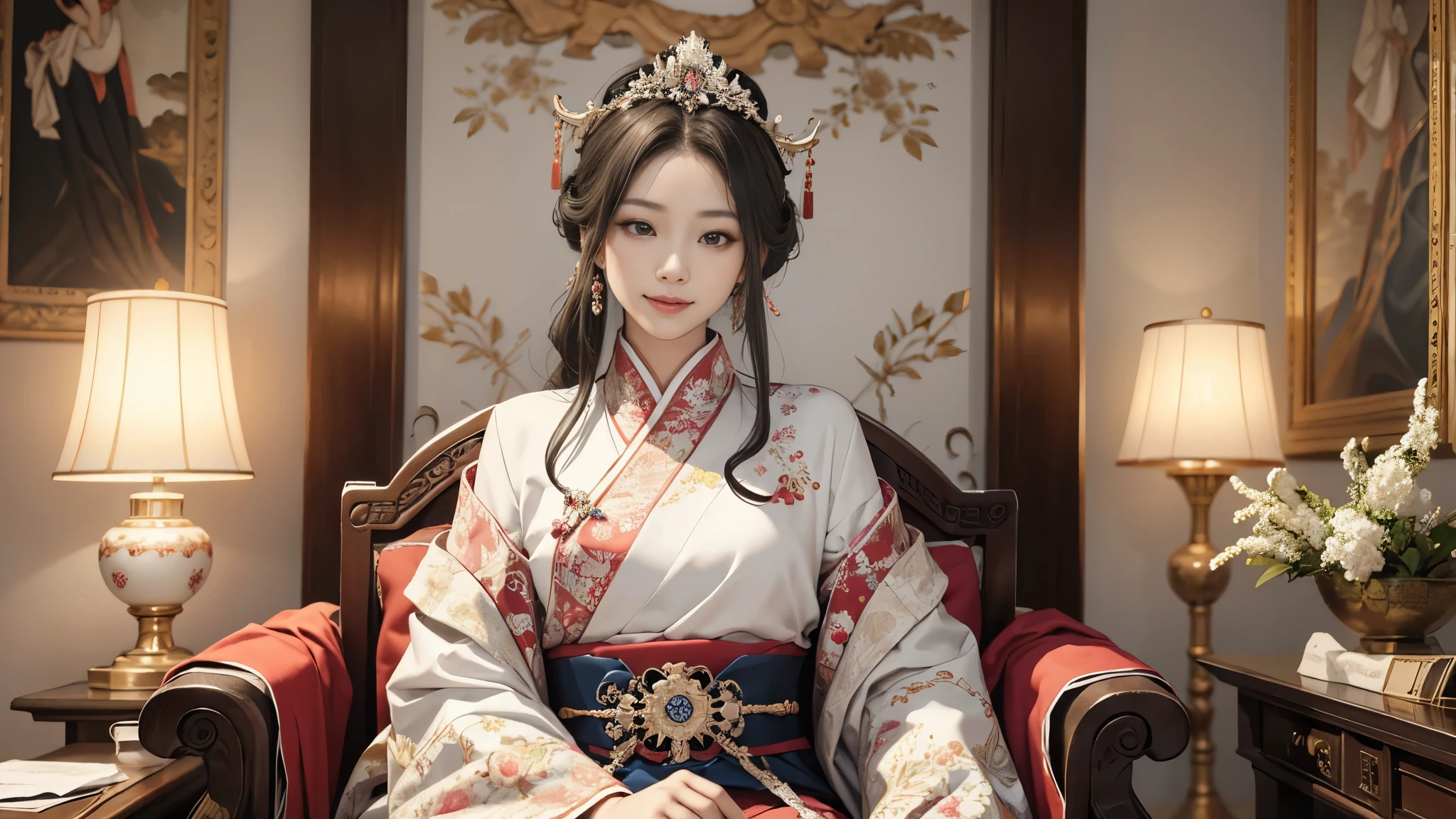 (8K, RAW photo, highest quality, masterpiece: 1.2), (realistic, realistic: 1.37), 1 girl, ancient China、In a room in the imperial court at the end of the Later Han Dynasty、The empress is sitting in a luxurious chair。The empress is華やかな服装で神々It has a nice aura of atmosphere.。The empress is綺麗な顔立ちで、She is wearing the fashionable hair ornaments of the time.。The empress is、He is smiling and facing forward.。