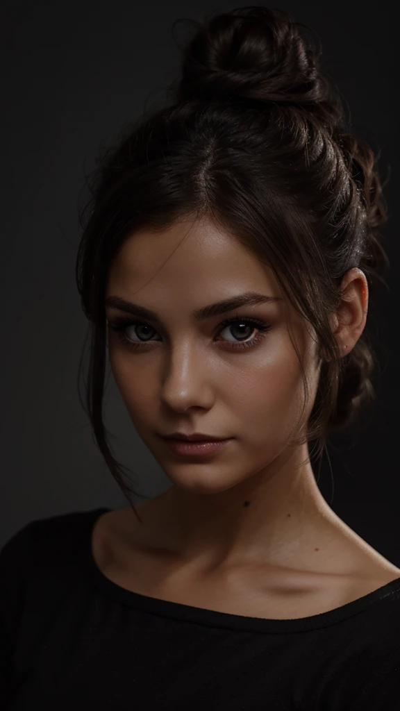 an eye contact of a brunette with bun hair and dark theme