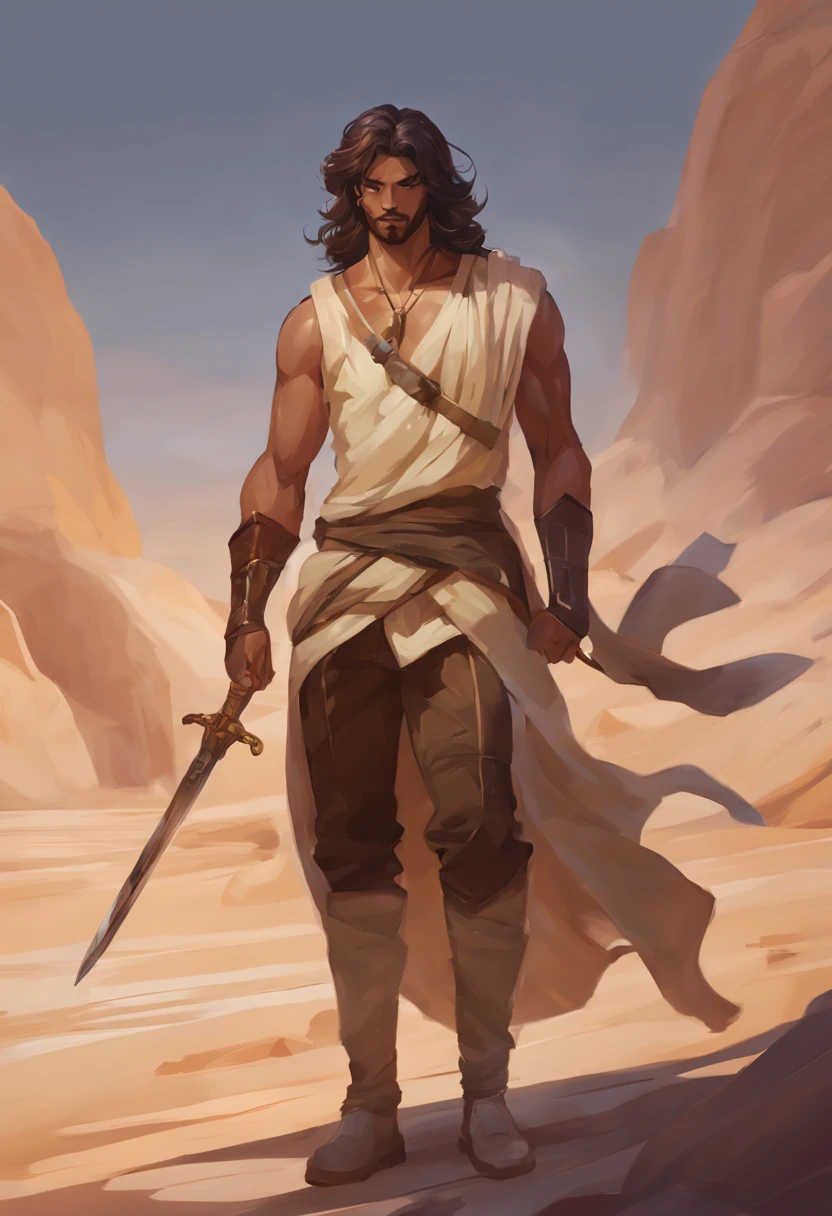 Synesthesia art style, sexy bara Ali prince, olive sand brown skin, tall and handsome, early thirty, lovely hair, full body, holding a sword