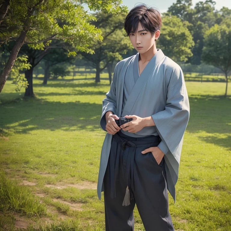 ハンサムなboy、(Photoreal:1.4),ultra high resolution, Super detailed, masterpiece, highest quality,oriental、boy、alone、game poster、kimono、pants、fields、farmer、(Upper body:1.3)