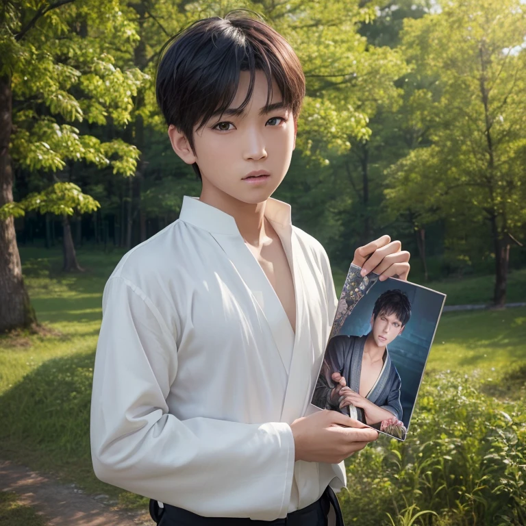 ハンサムなboy、(Photoreal:1.4),ultra high resolution, Super detailed, masterpiece, highest quality,oriental、boy、alone、game poster、kimono、pants、fields、farmer、(Upper body:1.3)