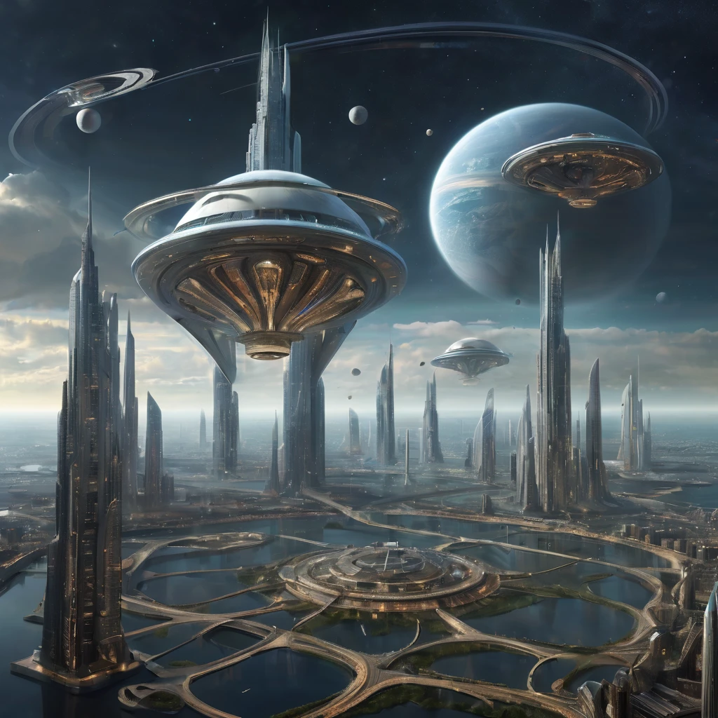 des vaisseaux spatiaux gravitent autour d'un module spatial alien ou terrestre, city