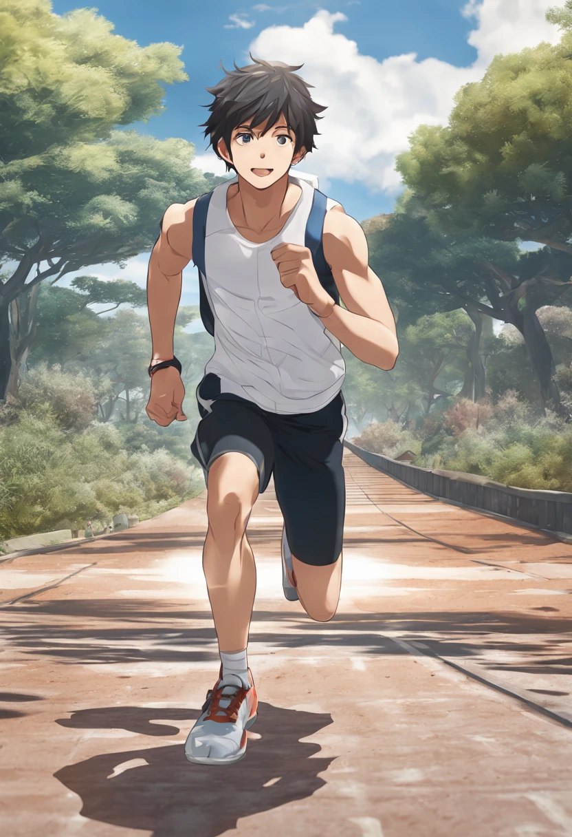 Japanese manga characters，Two-dimensional image，Anime characters ，1 boy, (Teenage man running track:1.3, hiking:1.2), Wear white sports leggings and a sports vest,playground， (delicate eyes, Super detailed face), (ultra high resolution, 8K RAW photos, Surreal, Textile shading), outdoor, ((correct anatomy:1.37)), center image, Front view, dynamic angle, from below,Delicate facial features