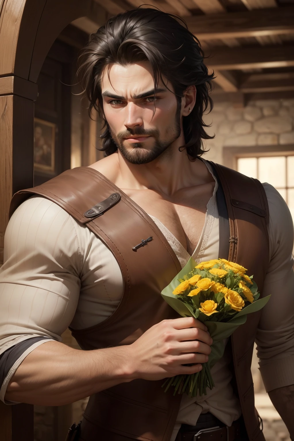 (masterpiece, best quality:1.2), ultra-detailed, detailed face, detailed lips and eyes, realistic,
BREAK FRED barbarian man with black hair, messy hair, slight beard, ferocious expression, strong build, intense gaze, veins bulging on his neck, 32 years old,
BREAK smile, ((flower bouquet)),
BREAK Tall attractive man, elegantly suited, holding bouquet of vibrant flowers, broad smile, medieval fantasy setting, indoors, pub, rich earth tones, well-groomed beard, twinkling eyes, sunlit, busy townsfolk, mix of armor-clad guards and commoners, fluttering oil lamps, soft shadows, detailed cobblestone texture, historic architecture, stone walls, intricate door carvings, lively atmosphere, warmth, inviting color palette.