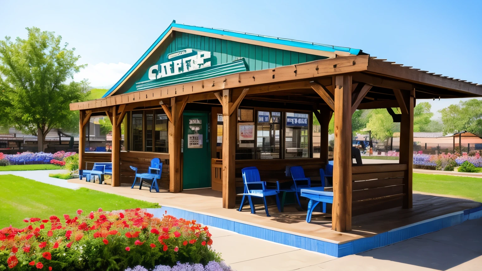 cycle station、grren、flower bed、nature、blue sky、Fashionable、flowers and cafe、Western style