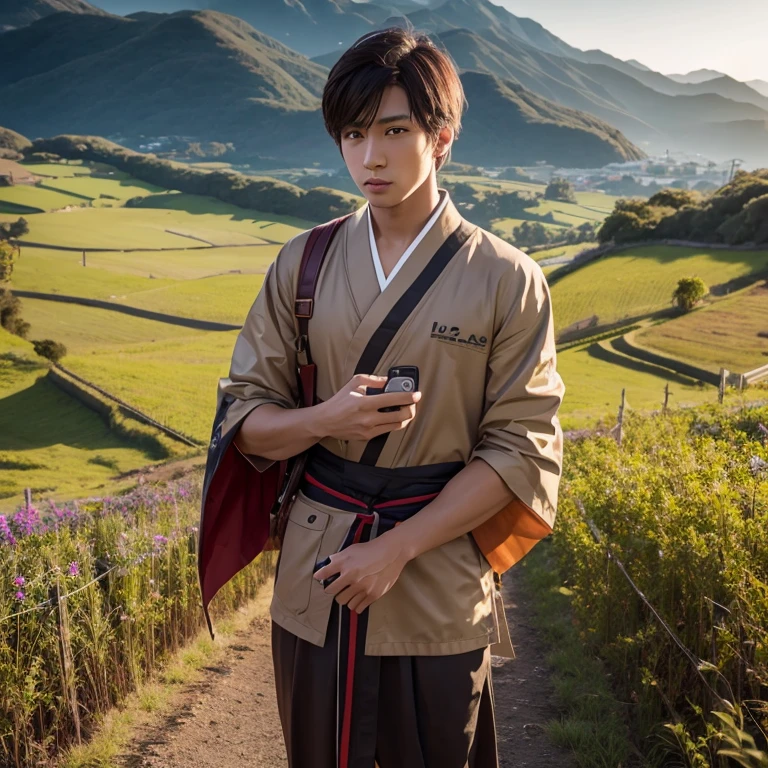 ハンサムなboy、(Photoreal:1.4),ultra high resolution, Super detailed, masterpiece, highest quality,oriental、boy、alone、game poster、kimono、pants、fields、farmer、(Upper body:1.3)