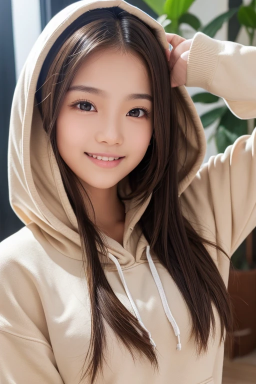 masterpiece, highest quality, 8K, super dense skin, perfect anatomy,Upper body, cute,1 girl,close up of face,Brown long hair,straight hair,oily shiny skin,smooth skin,looking at the viewer,sharp focus,center the focus,oversized hoodie,underwear pants only,,innocent smile,double eyelid,detailed eyes,Excited,sexy pose,Erotic