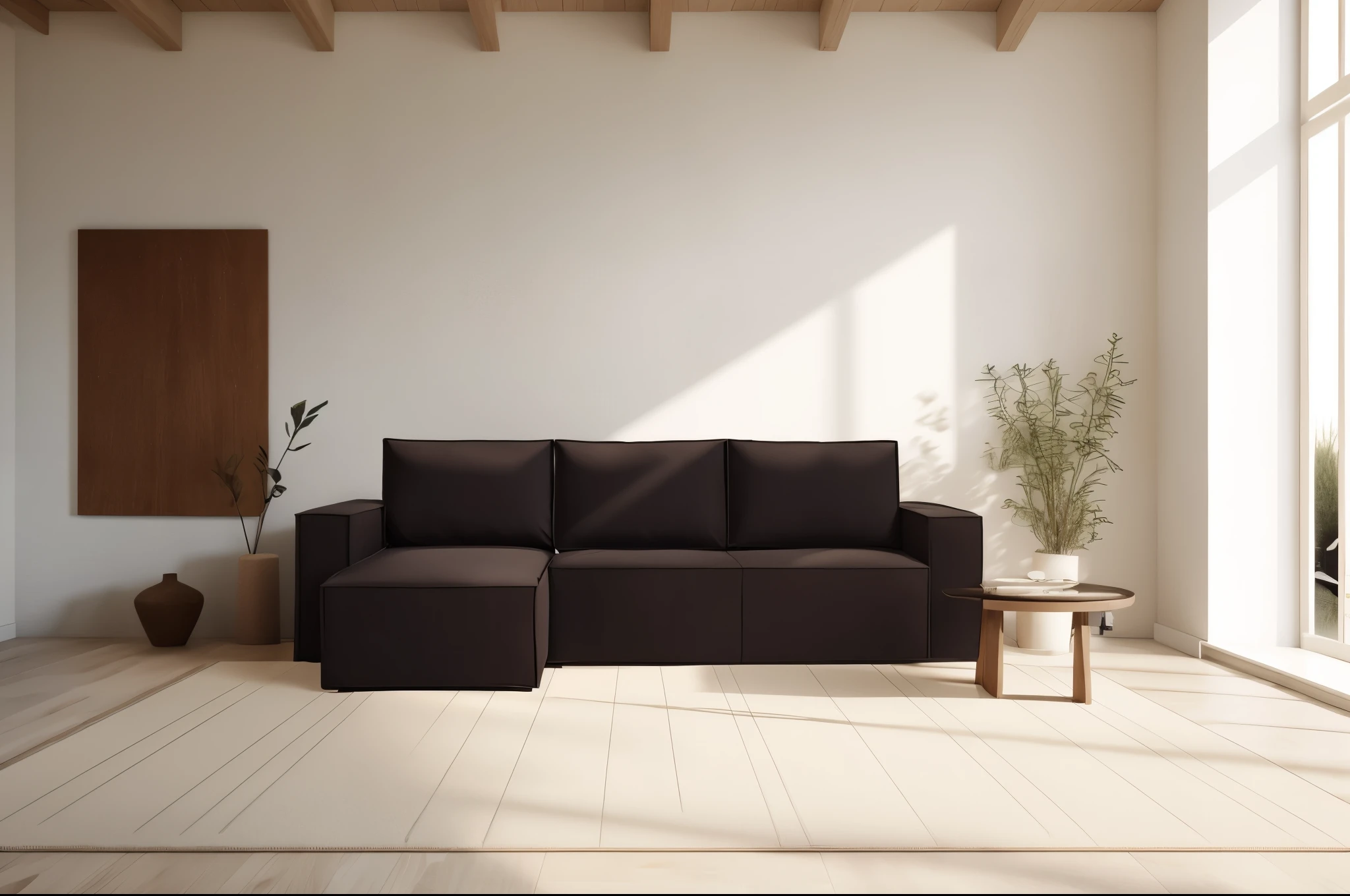 Dark brown sofa in the room, no leather material, matte texture, realistic shadows, hyper detailed, high quality,