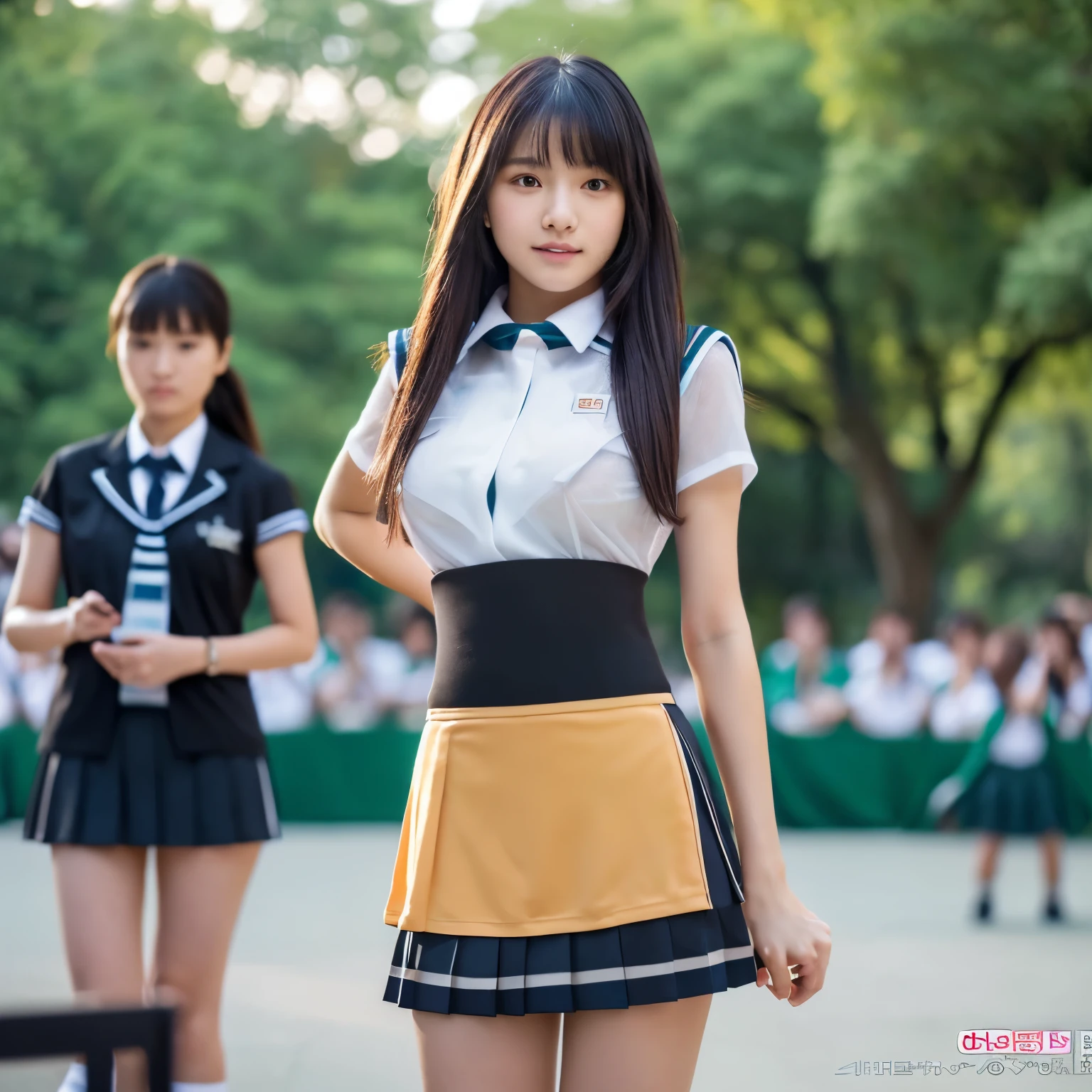 18 years old female, long hair, original photo, Bokeh (realism: 1.4, actual), High-detail CG unified 8K wallpaper, 1 girl, ((slim: 1)), (small breastss: 1), back on viewer, ((Direct view from the front)), (Head office skin: 1.4), 8k ultra high definition, SLR camera, soft light, high quality, film grain, 富士XT3, ((Uniforms, short skirt,see through skirt:1.5)), ((outdoor, in the park))) Long beads, portrait,((layered short hair, black hire,small breasts:1.2)),(looking at the audience:1.4),(whole body:1.8)