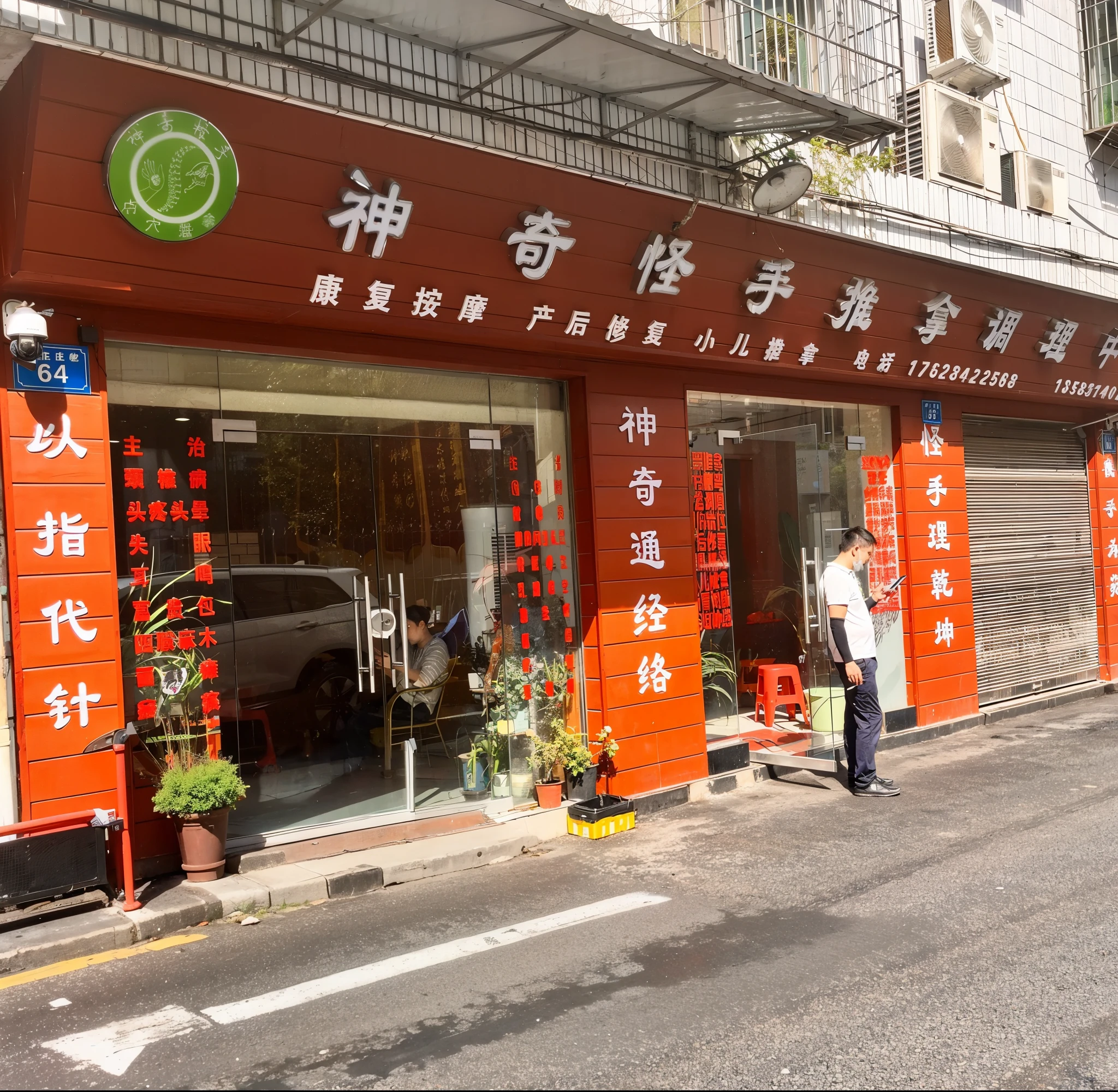 asphalt road,storefront,sunny afternoon
