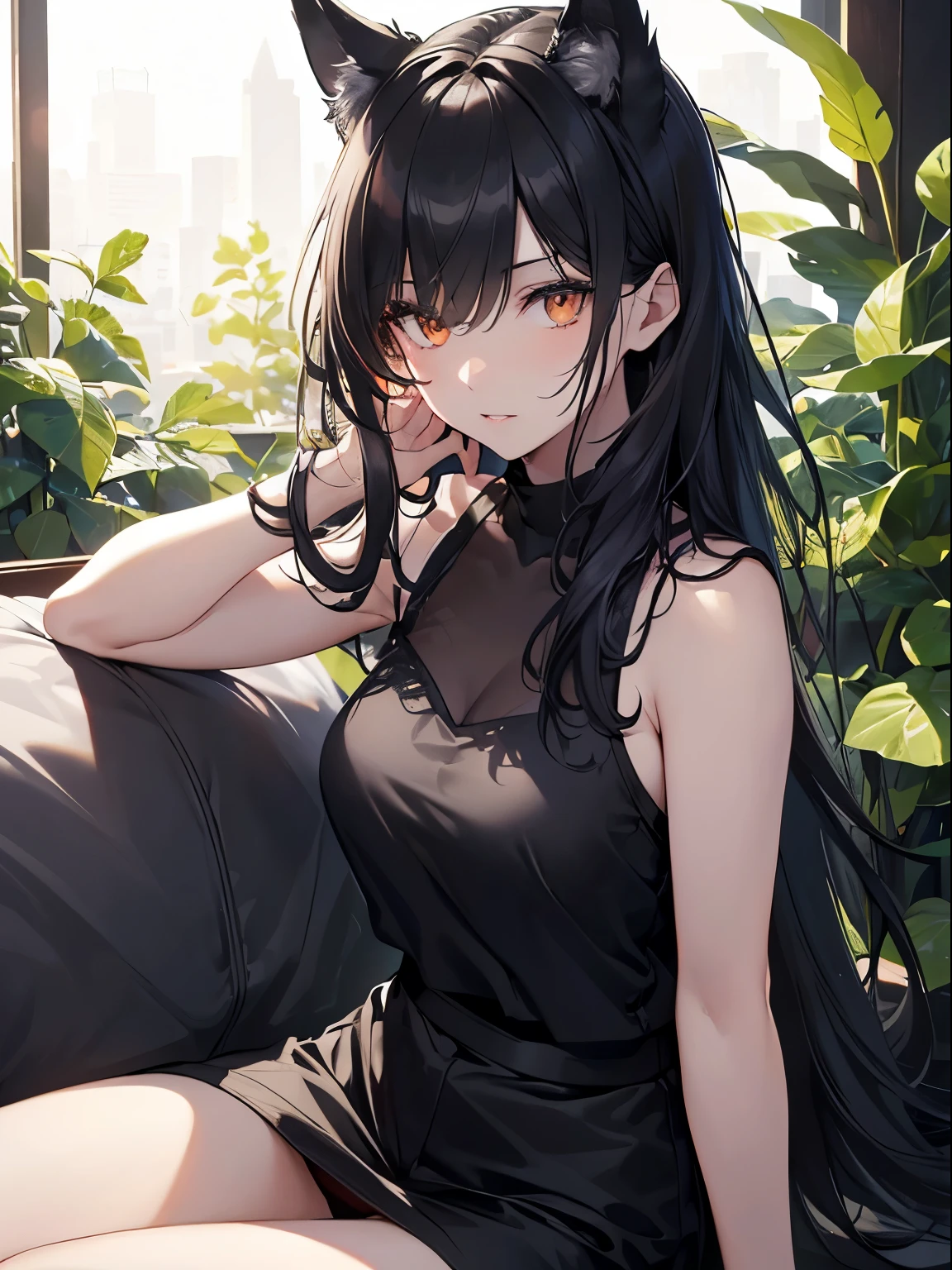 Ultra realistic, raw Professional photo, erotic photo,( very young (()) Cat girl) long black hair, slender body, cute face, (fantasy sexy clothes), yellow eyes