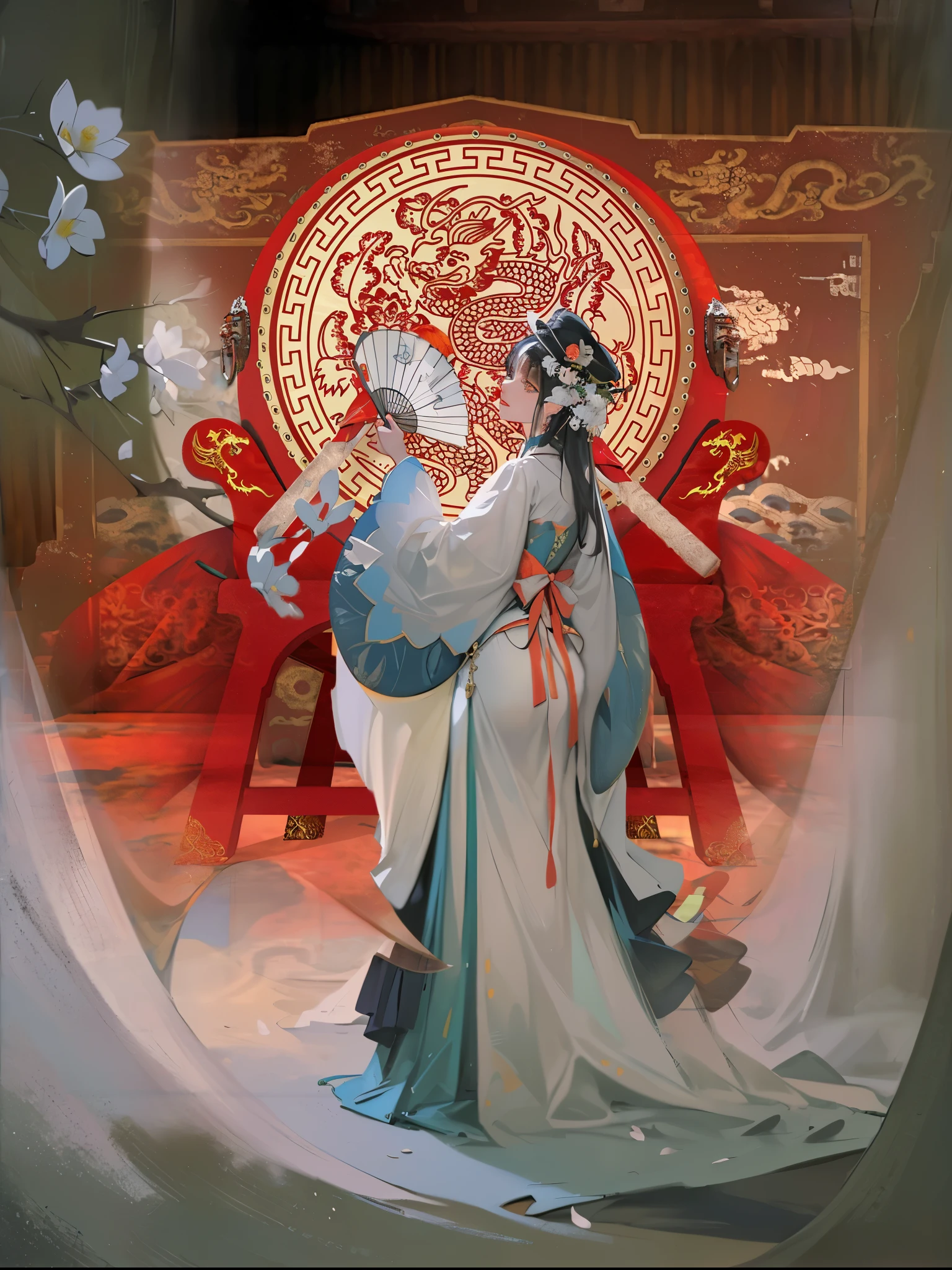 (best quality), ((masterpiece)), (highres), illustration, original, a woman singing opera on the stage, red, Beijing opera, drum, play box, radio, peeling opera facial makeup on face，Solo, 1Girl, holding, standing, long hair, (China_dress: 1.2), (green eyes: 1.1), colored candy, black hair, looking at the audience, upper body, (lantern/lamp: 1.1), flowers, Spring Festival, New Yeareworks: 1.1), long sleeves, Oriental dragon, white background, red shoes, hair accessories, blue theme, Chinese architectural background