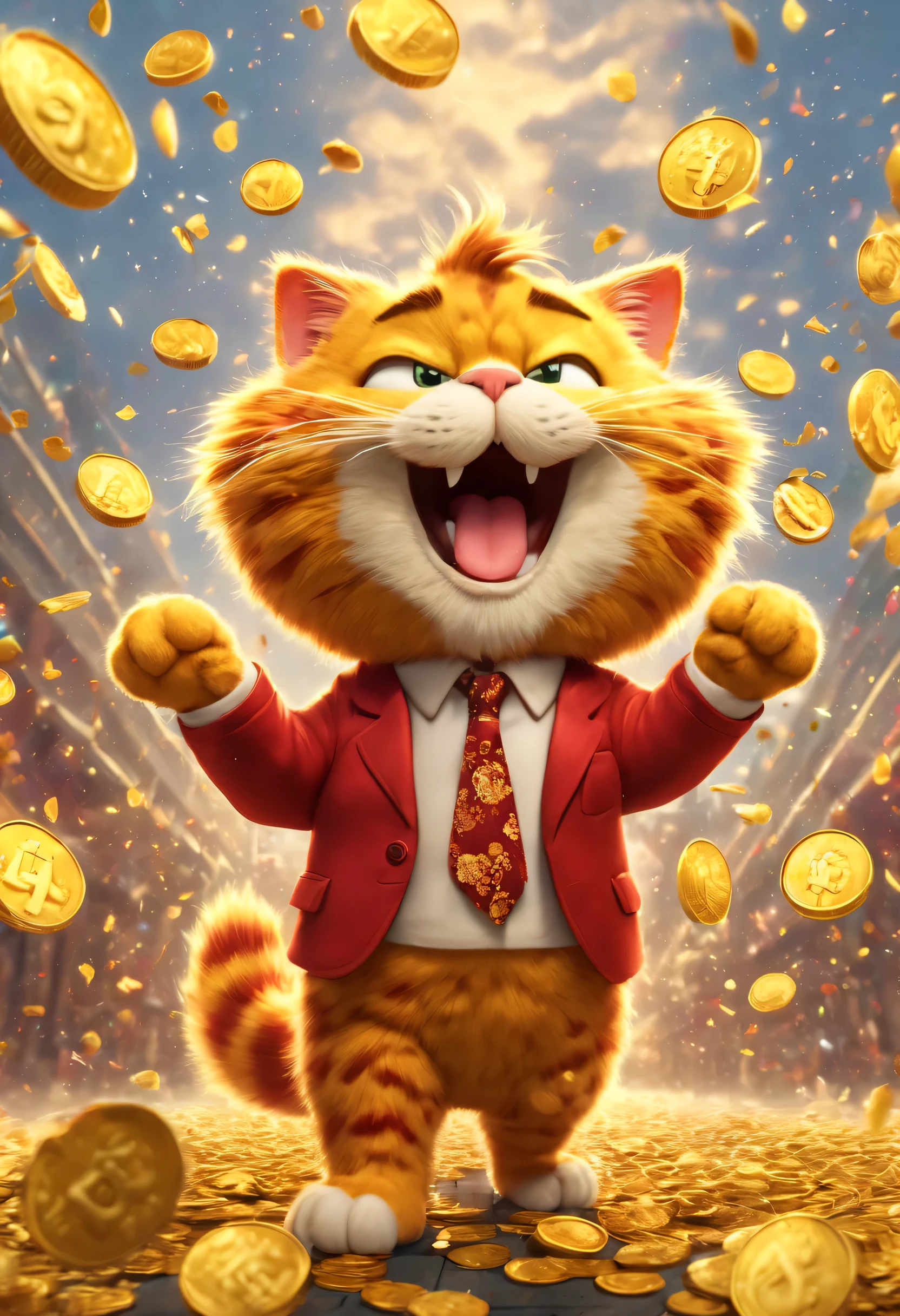 The boss is fashionable Garfield，sweater，suit，exaggerated expression，big furry head，hairy body，sharp claws。There are many gold coins in the air，Red and gold confetti flying in the sky，Gold coin rain，cornucopia，A strong festive atmosphere，Very lively。symmetry