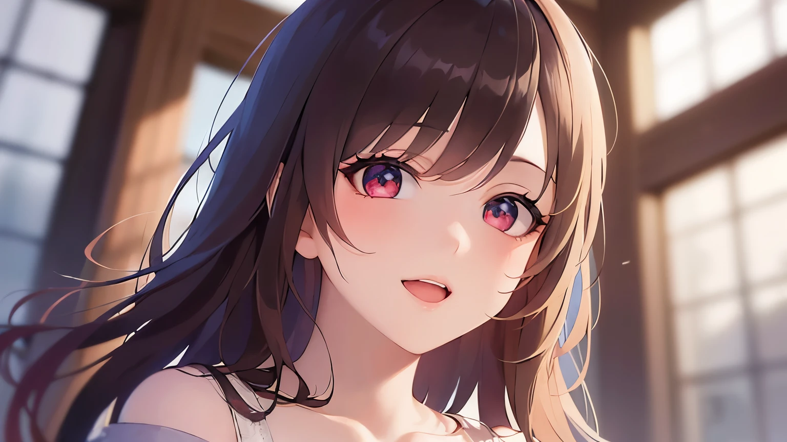 (dutch angle:1.3), put one hand chest , Realistic, real person, RAW photo, photorealistic, portrait photography, shiny skin, japanese idol、A 25-year-old woman with medium-long hair with bright chestnut bangs.、red eyes, wearing a white off-shoulder blouse、wearing a gray skirt、cleavage is visible、smile, open mouth, blush, The background is the entrance、Alone、Staring, (entrance:1.3)